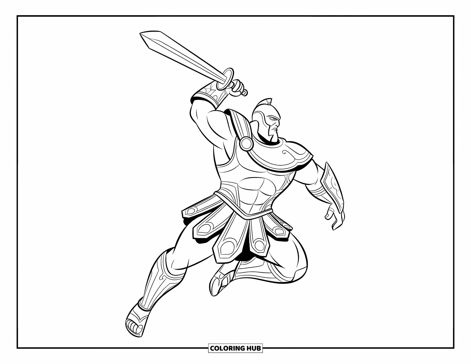 Greek Mythology Coloring Page for Kids: Ares, the god of war, leaps boldly with his sword and armor
