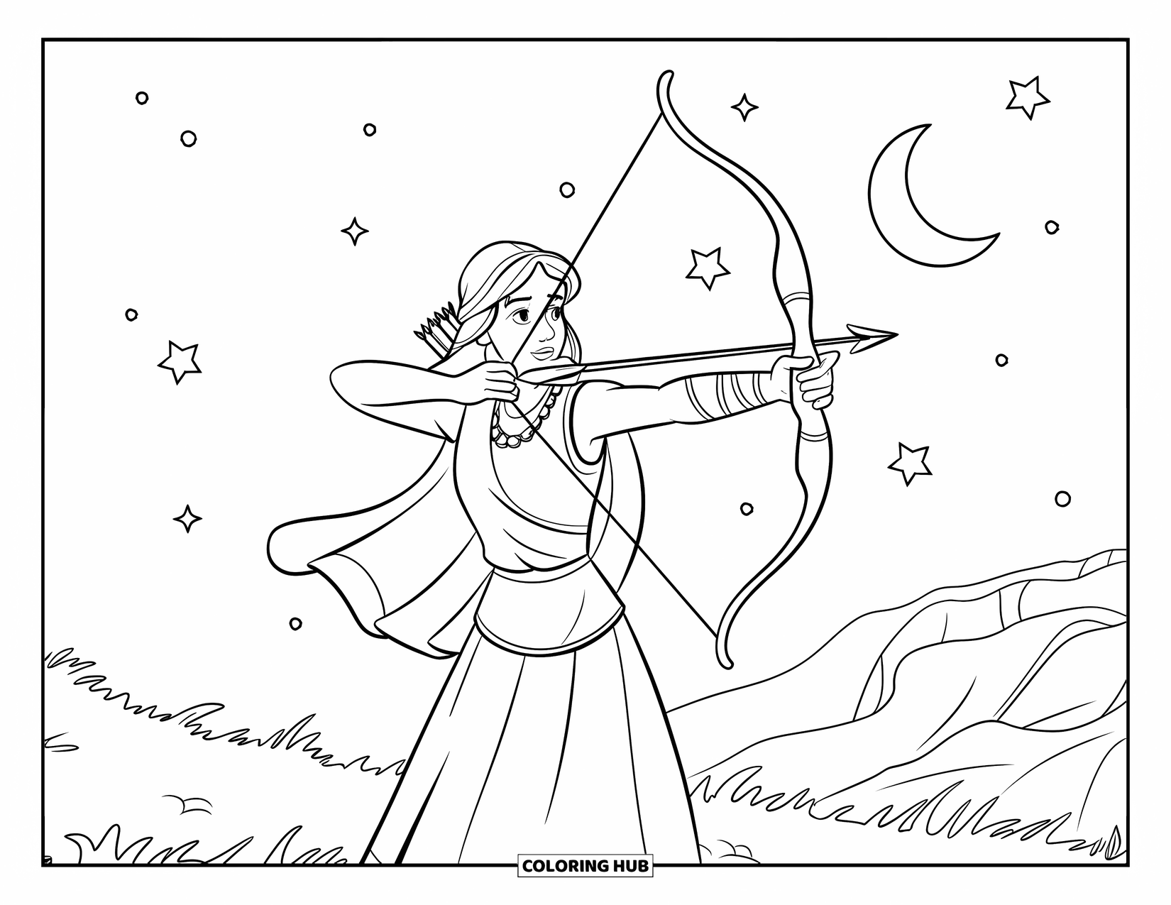 Greek Mythology Coloring Page for Kids: Artemis stands firm under the stars, aiming her glowing bow