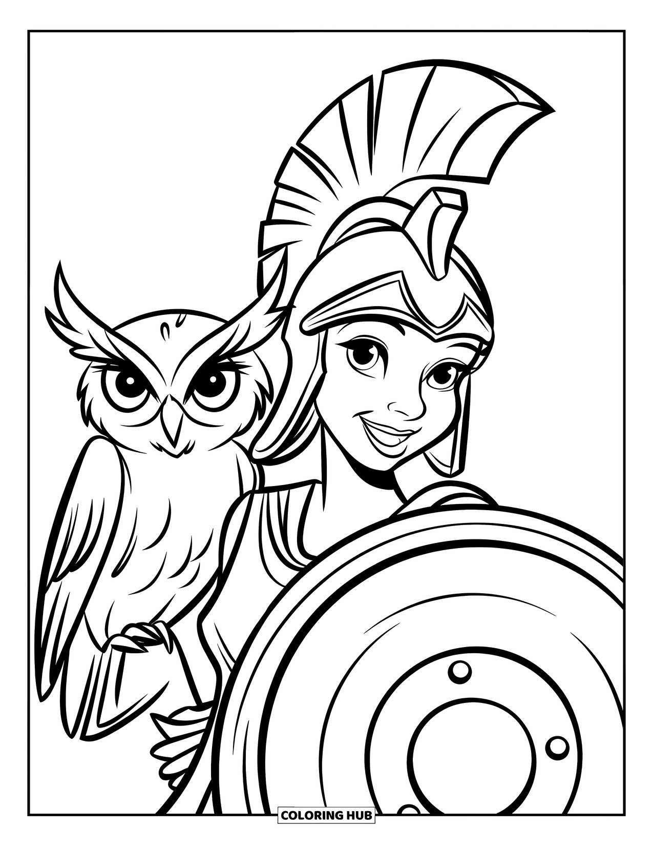 Greek Mythology Coloring Page for Kids: Athena smiles proudly with a helmet, shield, and an owl beside her