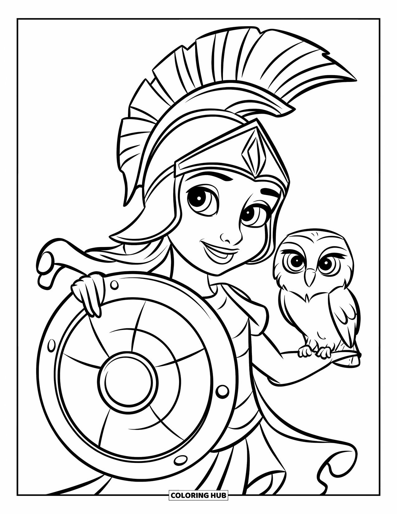 Greek Mythology Coloring Page for Kids: Athena stands cheerfully with her shield and owl companion