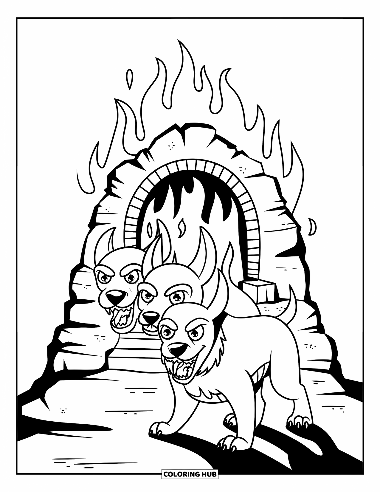 Greek Mythology Coloring Page for Kids: Cerberus watches over a fiery gate with sharp teeth and glowing eyes