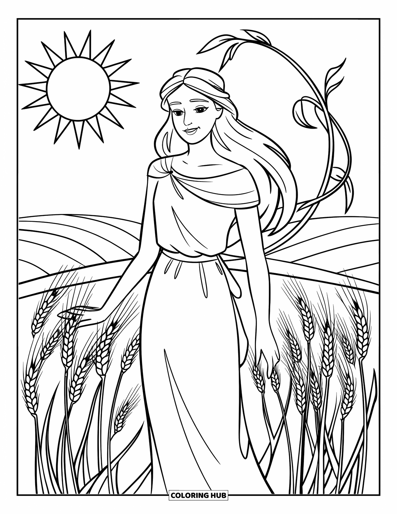 Greek Mythology Coloring Page for Kids: Demeter smiles softly in a golden wheat field under the sun