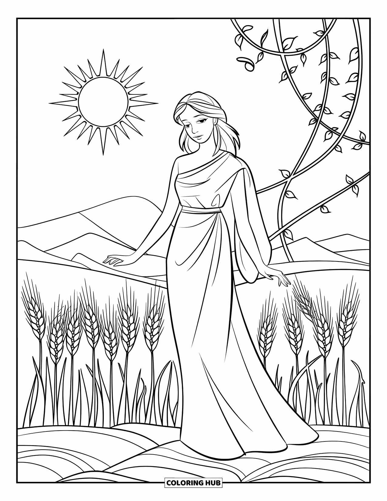 Greek Mythology Coloring Page for Kids: Demeter stands in a sunny wheat field with vines curling around her