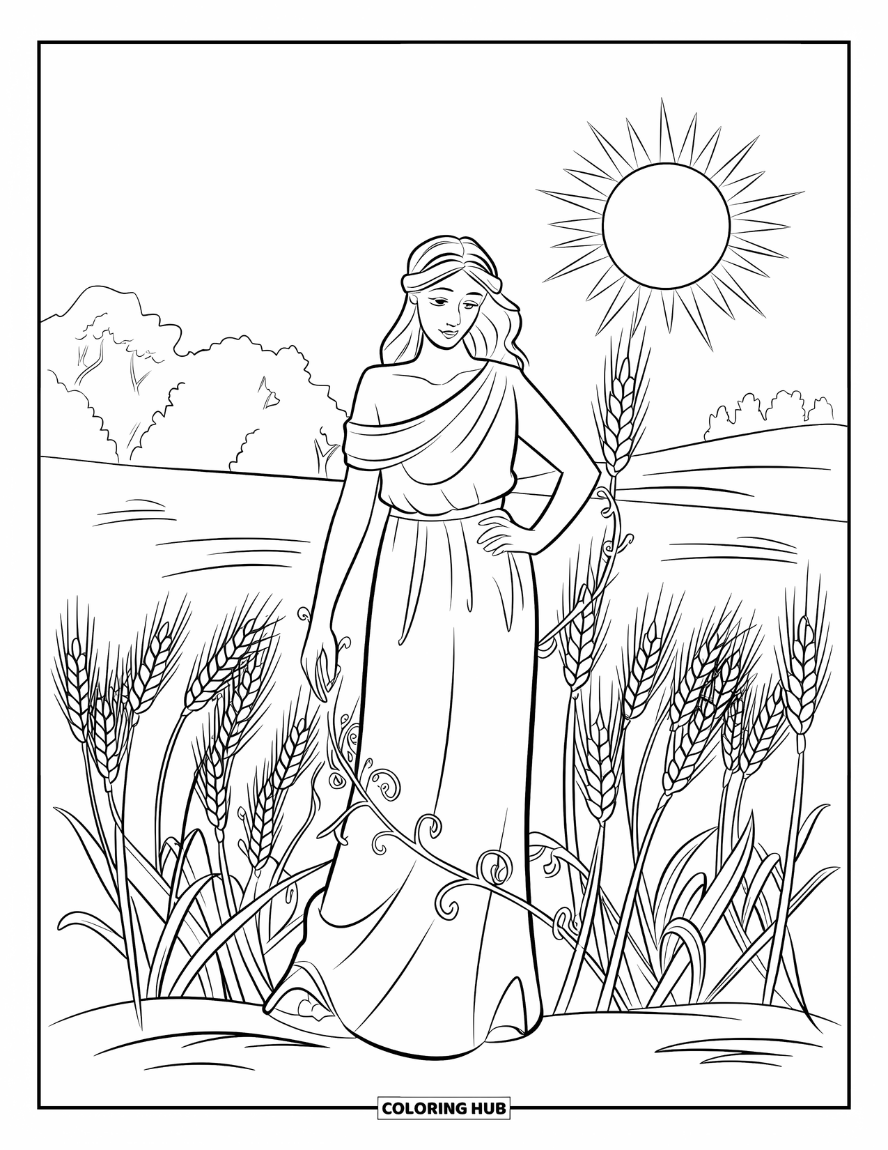 Greek Mythology Coloring Page for Kids: Demeter stands tall in the wheat, sunlight and vines all around her