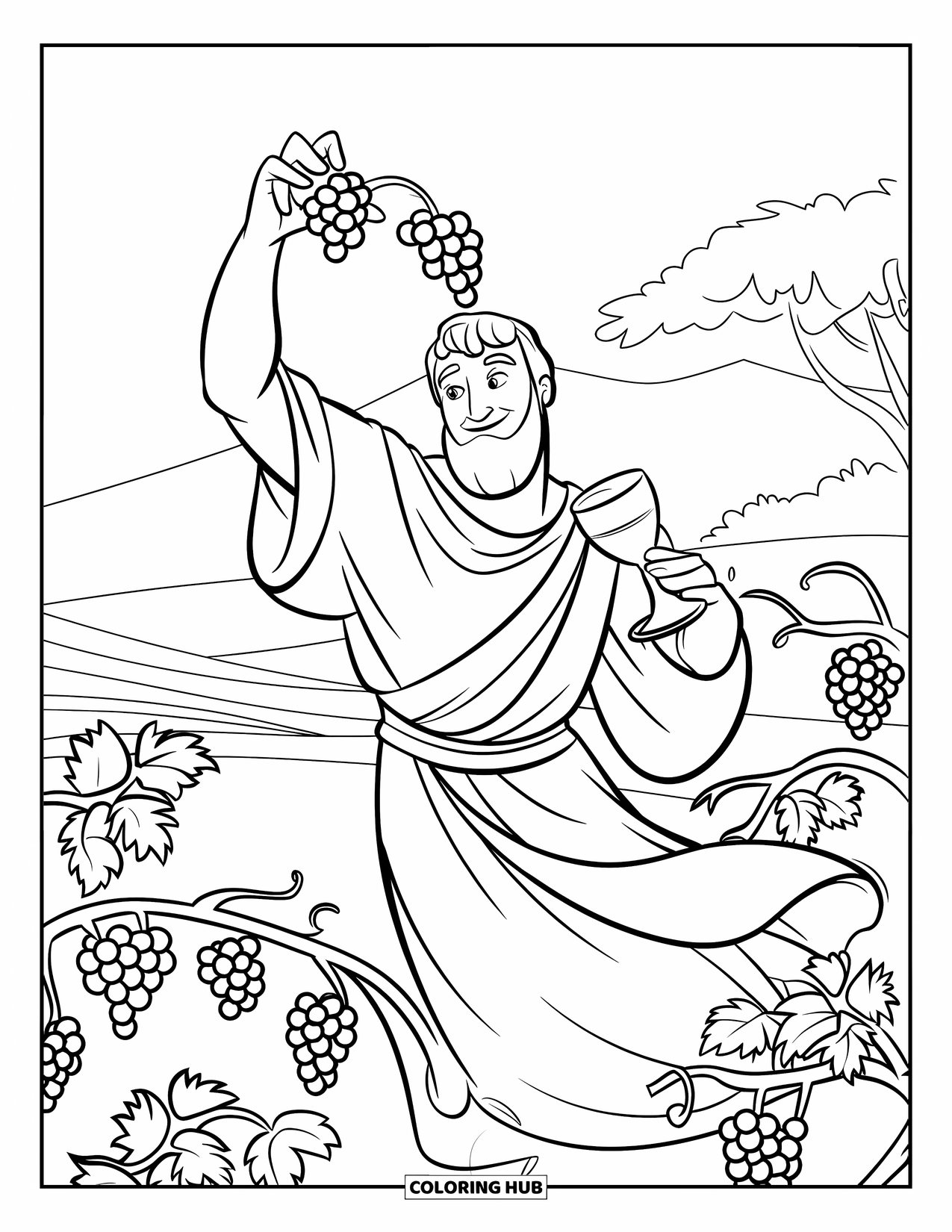 Greek Mythology Coloring Page for Kids: Dionysus tosses grapes into a cup, vines curling nearby