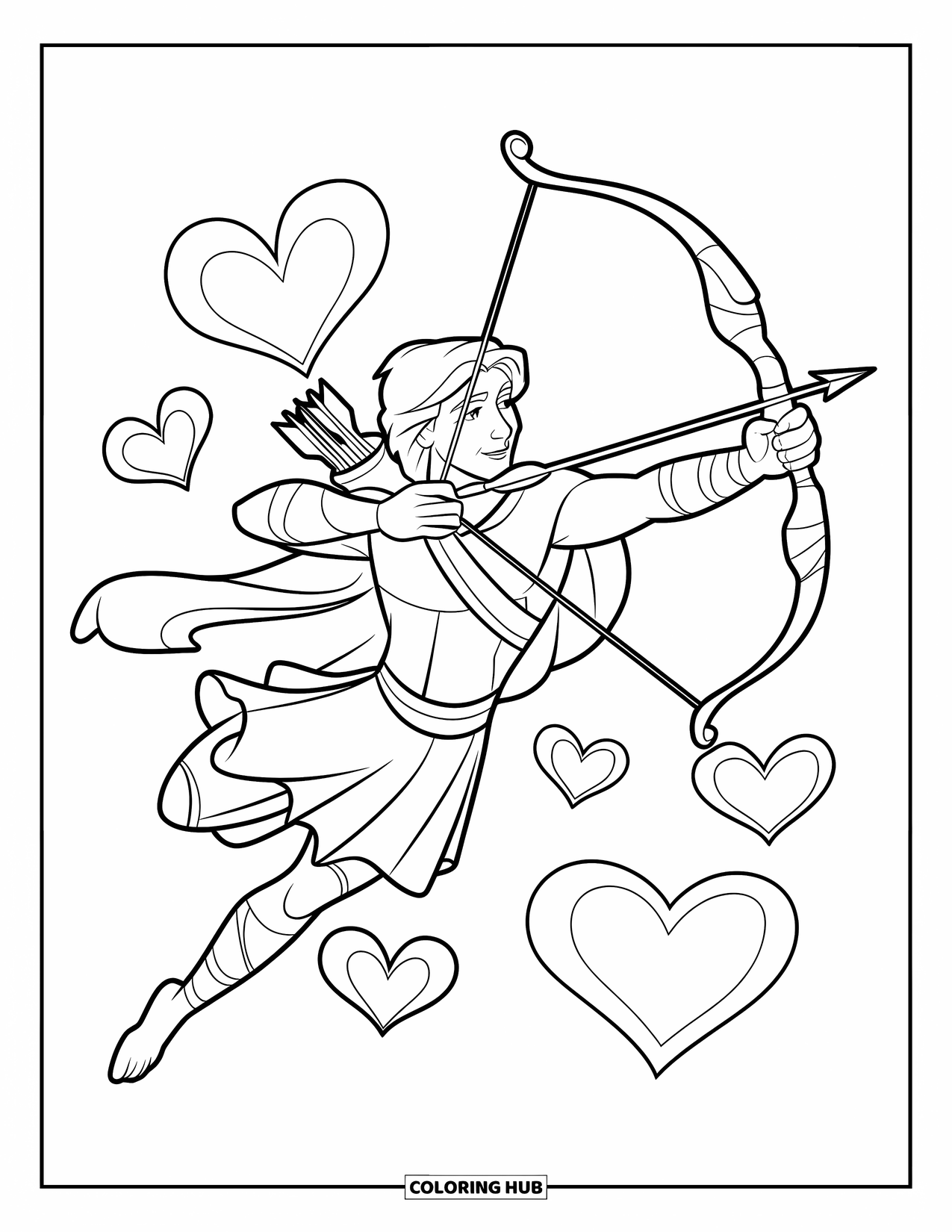 Greek Mythology Coloring Page for Kids: Eros soars with his bow, hearts fluttering all around him