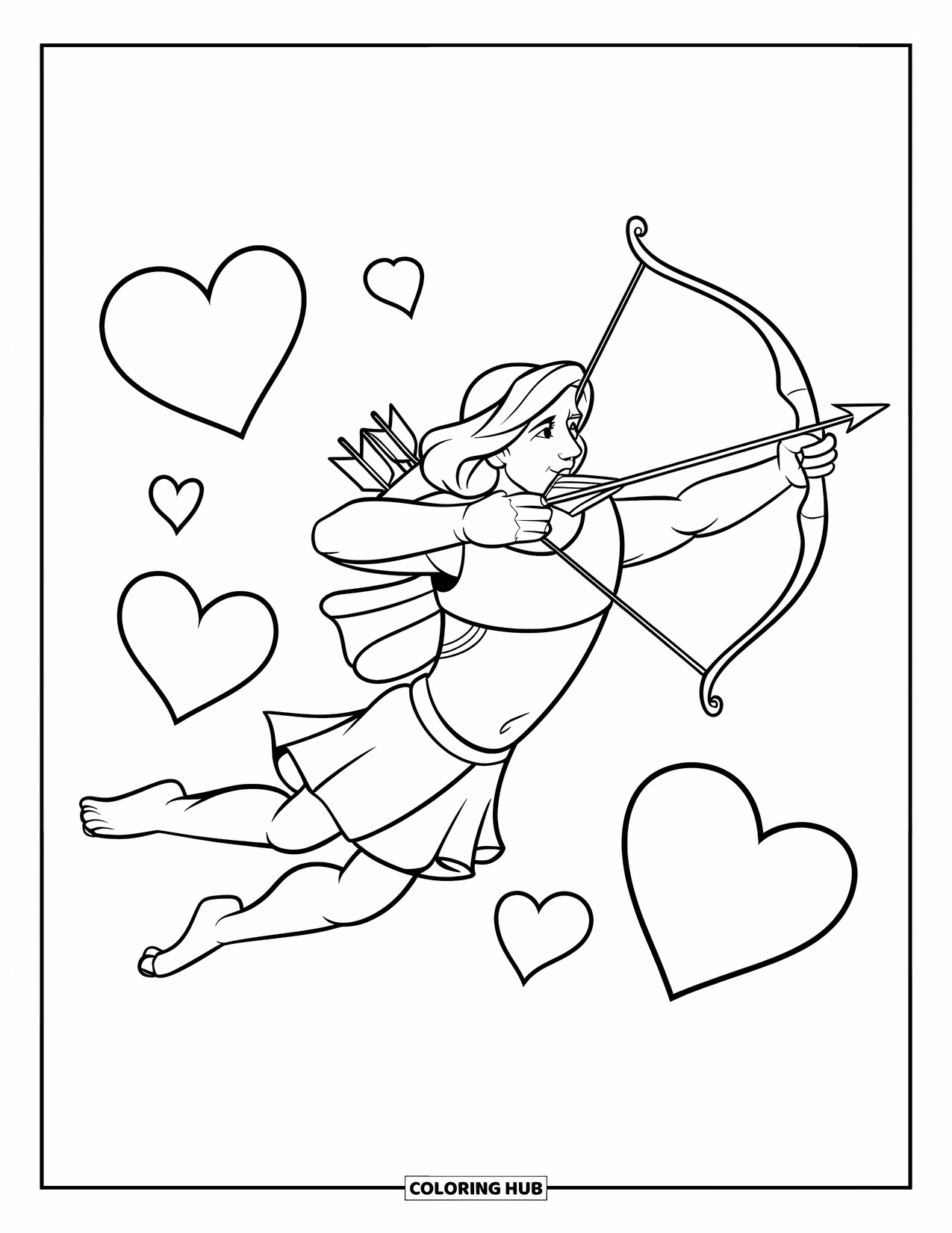 Greek Mythology Coloring Page for Kids: Eros, the playful god of love, flies with his bow and arrow