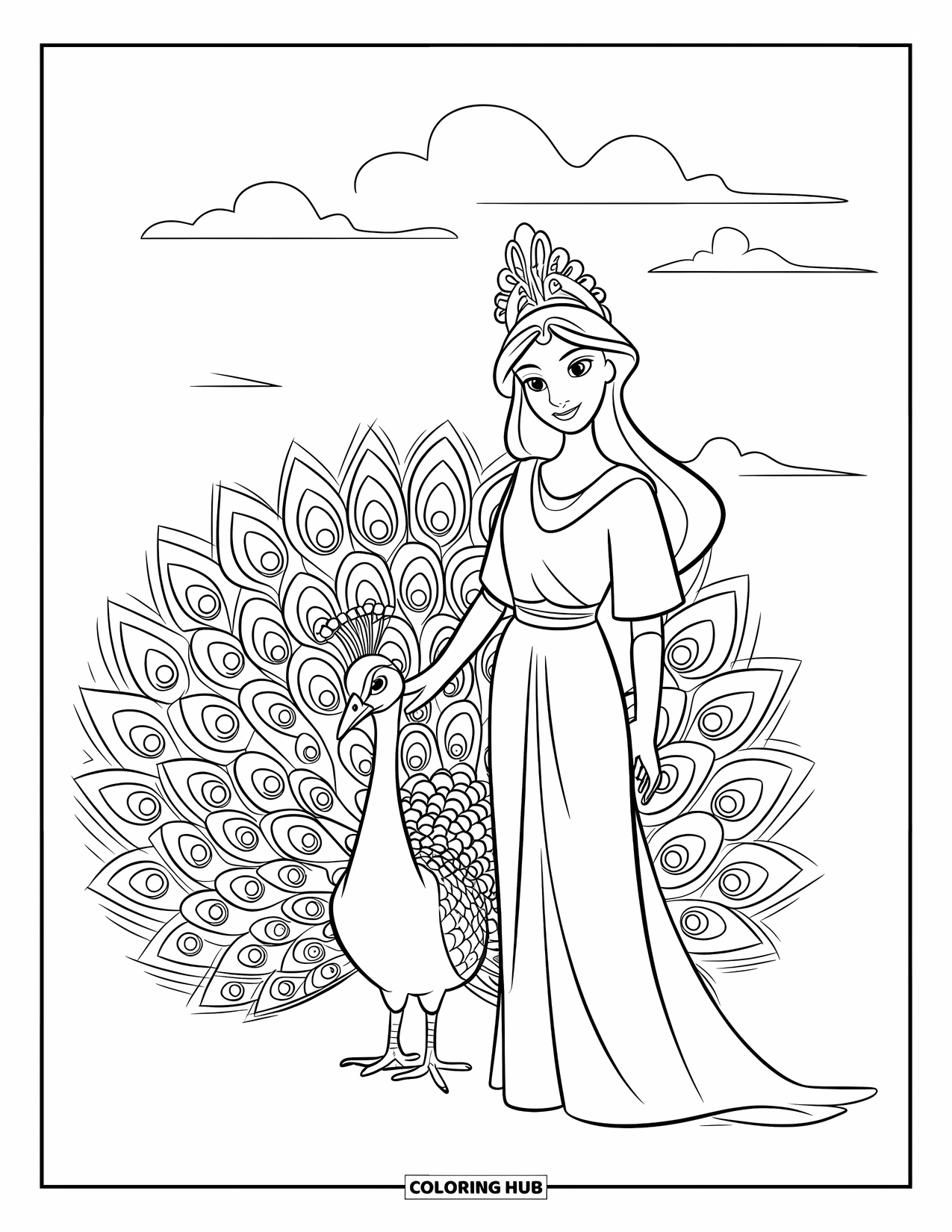 Greek Mythology Coloring Page for Kids: Hera smiles gently with her crown and her peacock's feathers spread wide