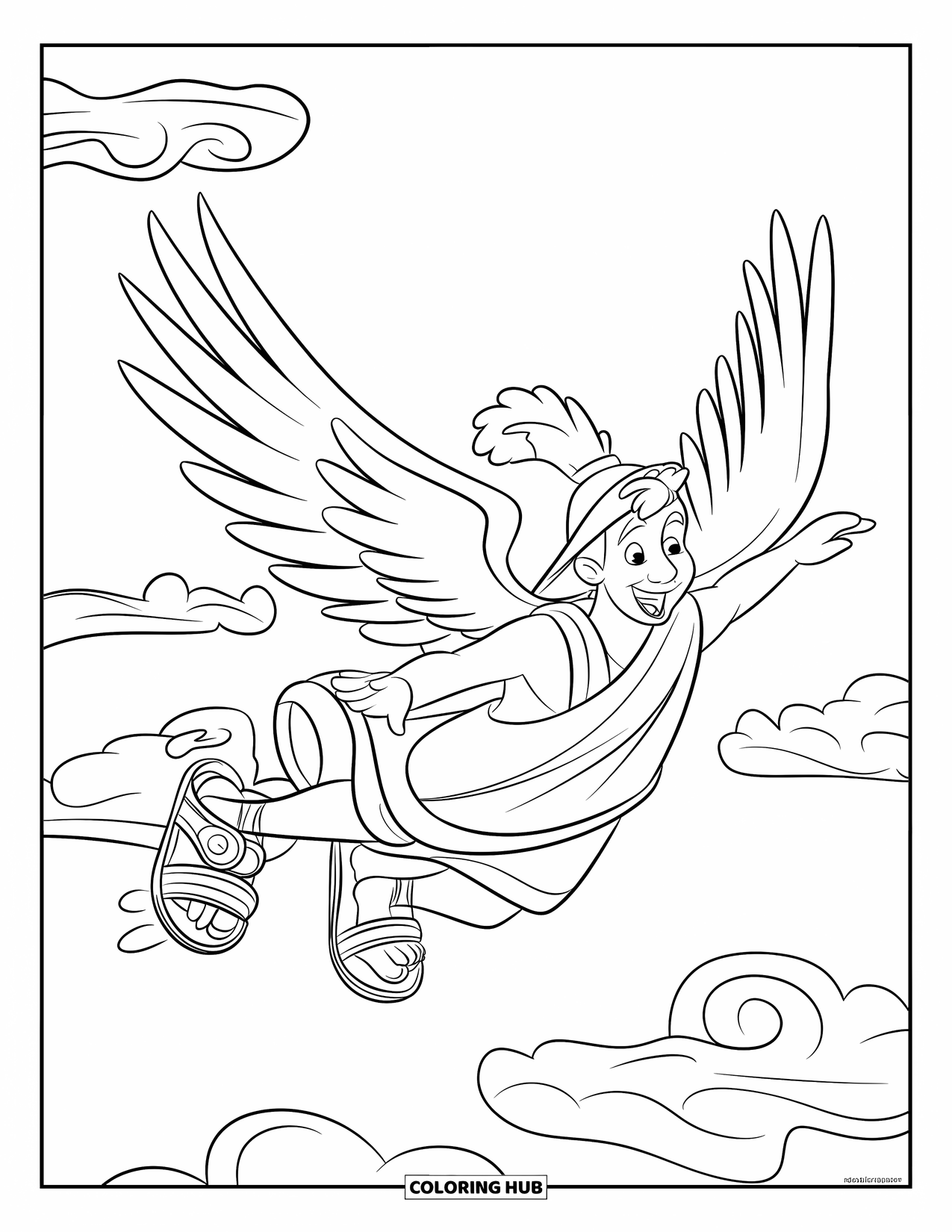 Greek Mythology Coloring Page for Kids: Hermes flies with speed, scrolls in hand and clouds all around