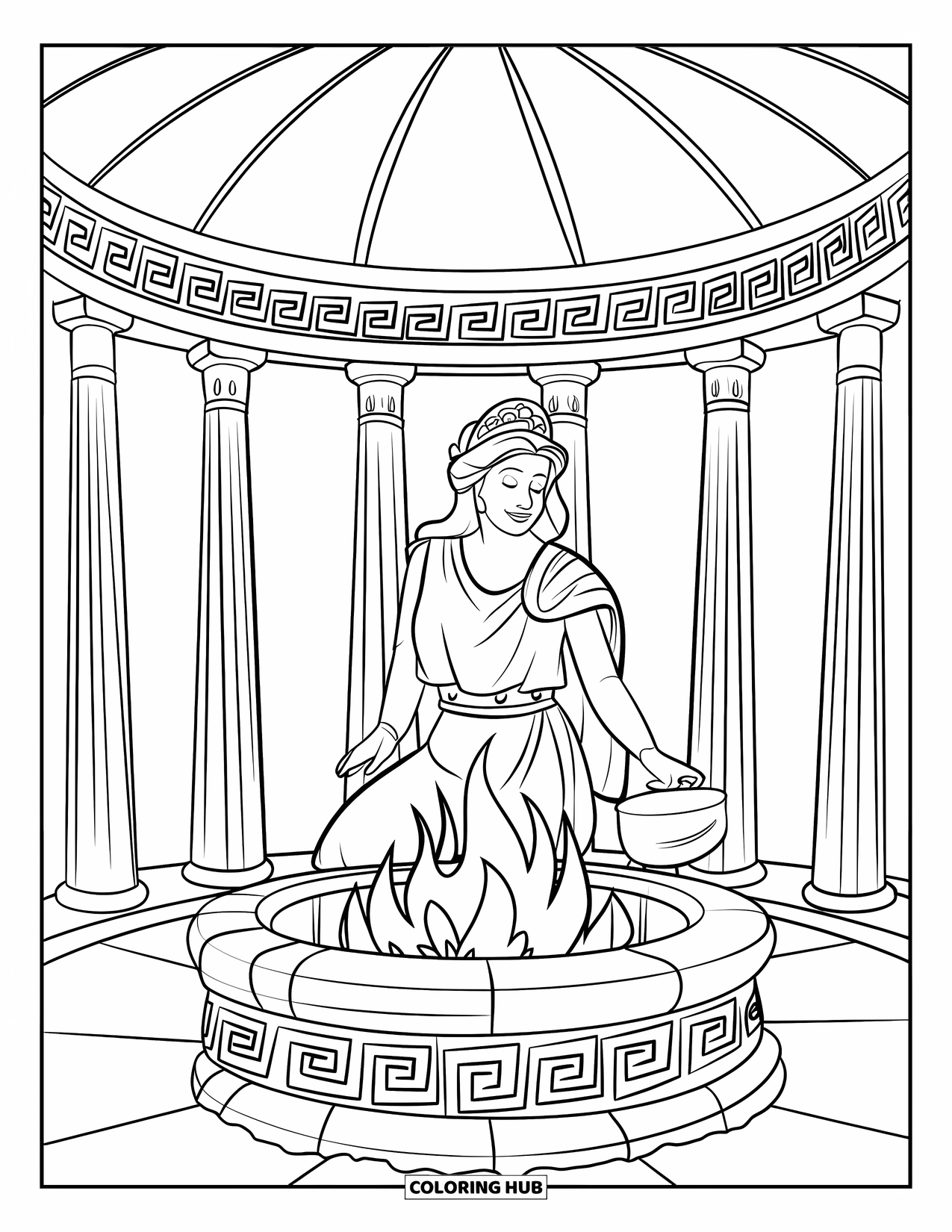 Greek Mythology Coloring Page for Kids: Hestia quietly tends the hearth, framed by tall Greek columns