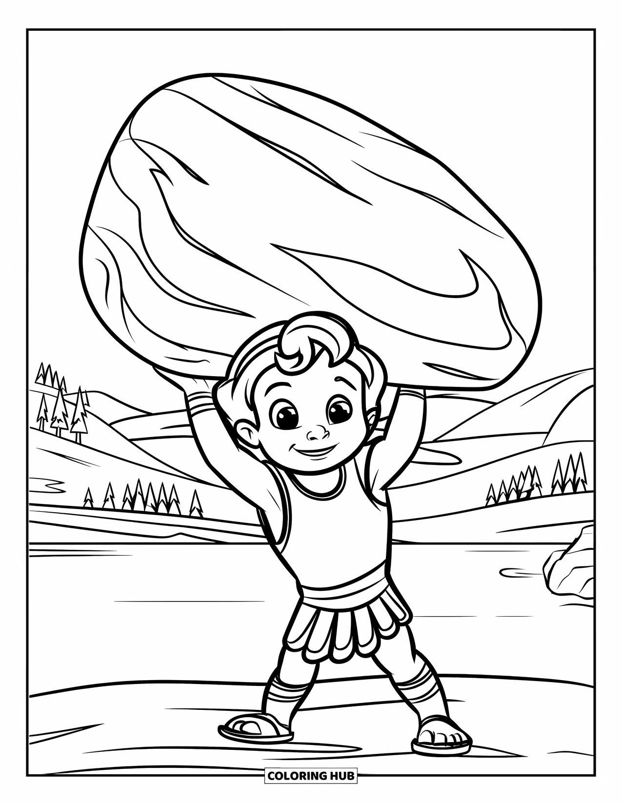 Greek Mythology Coloring Page for Kids: Little Hercules lifts a heavy rock with a big, proud smile