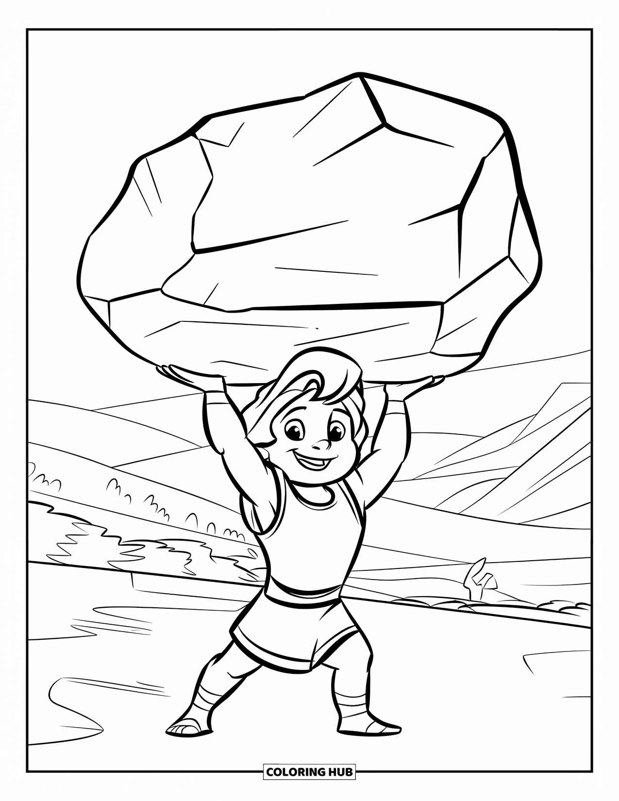 Greek Mythology Coloring Page for Kids: Little Hercules shows off his strength while lifting a big rock with a grin