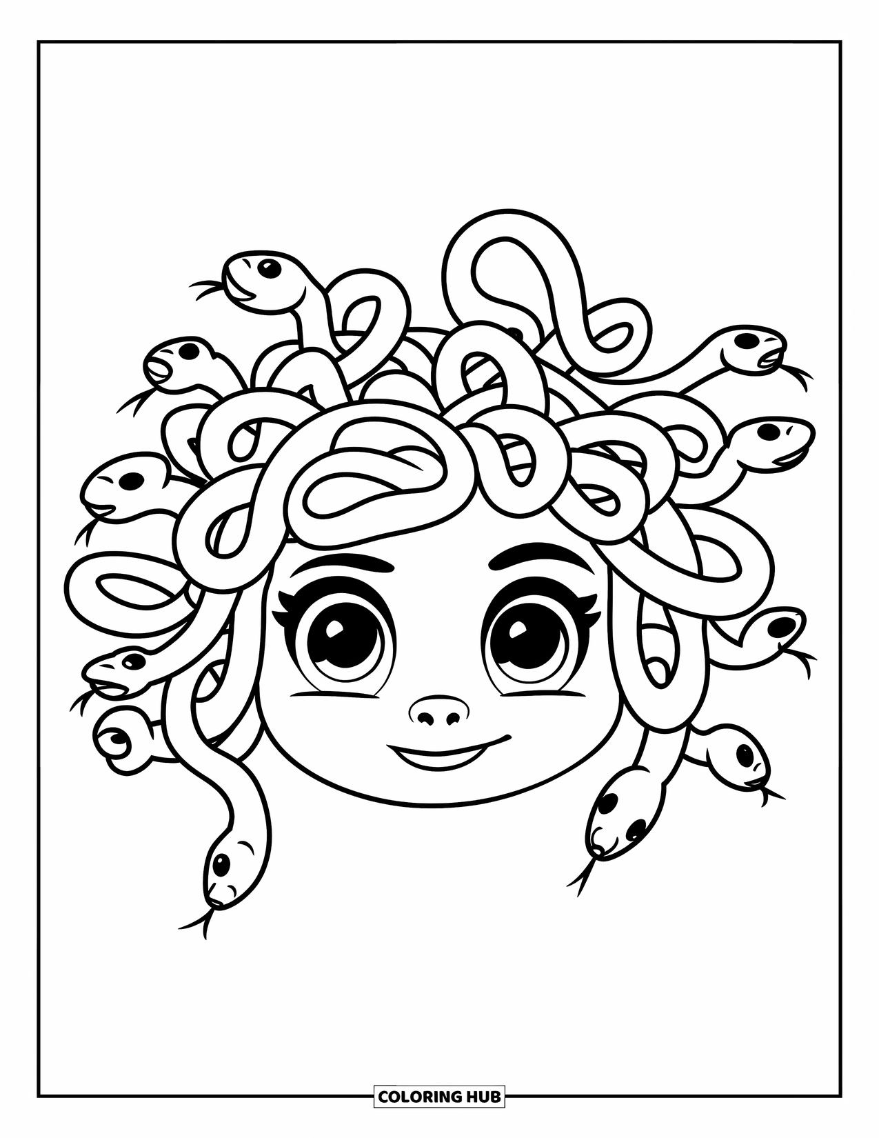 Greek Mythology Coloring Page for Kids: Medusa grins with friendly eyes and swirly snake-like curls