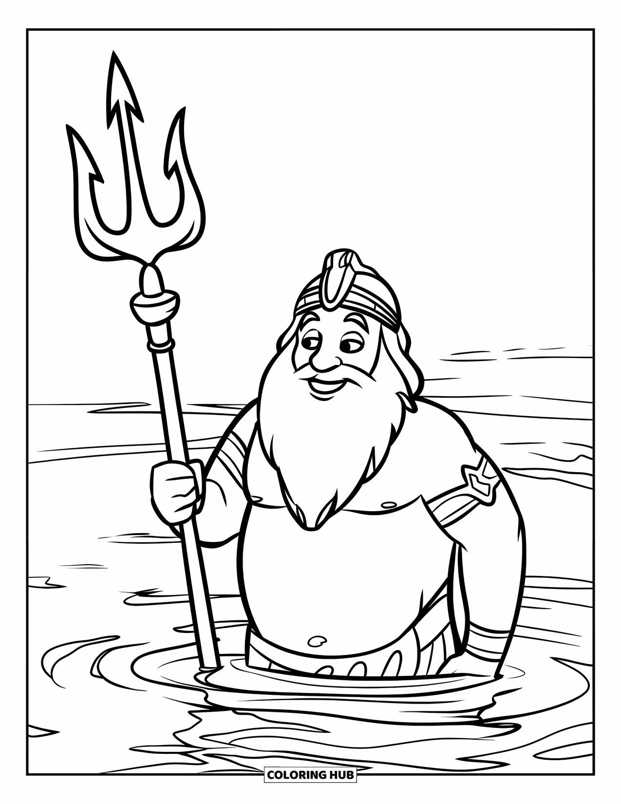 Greek Mythology Coloring Page for Kids: Poseidon grins with his trident while standing knee-deep in peaceful water