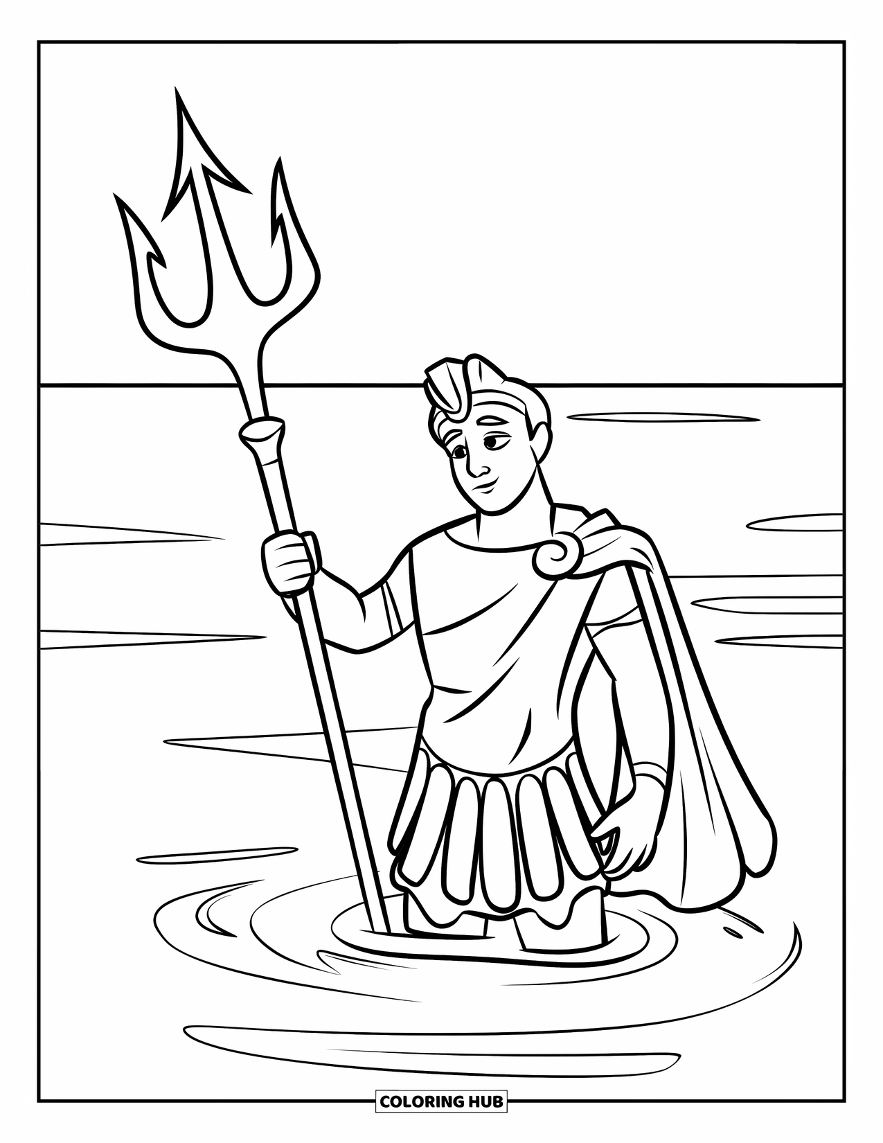 Greek Mythology Coloring Page for Kids: Poseidon stands in the sea, holding a big trident with a gentle smile