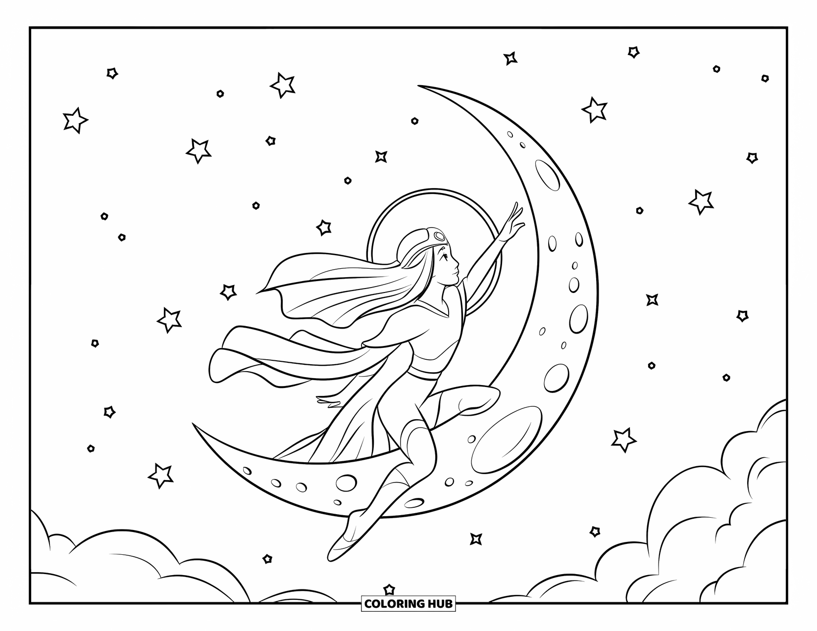 Greek Mythology Coloring Page for Kids: Selene glides on her moon through a sky full of stars and dreams