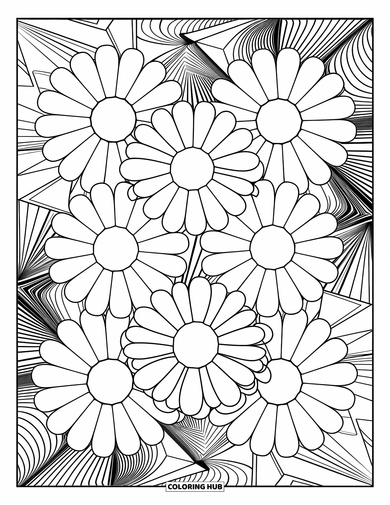 Groovy Coloring Page for Adults: Bold daisy circle arrangement with layered petals and groovy background
