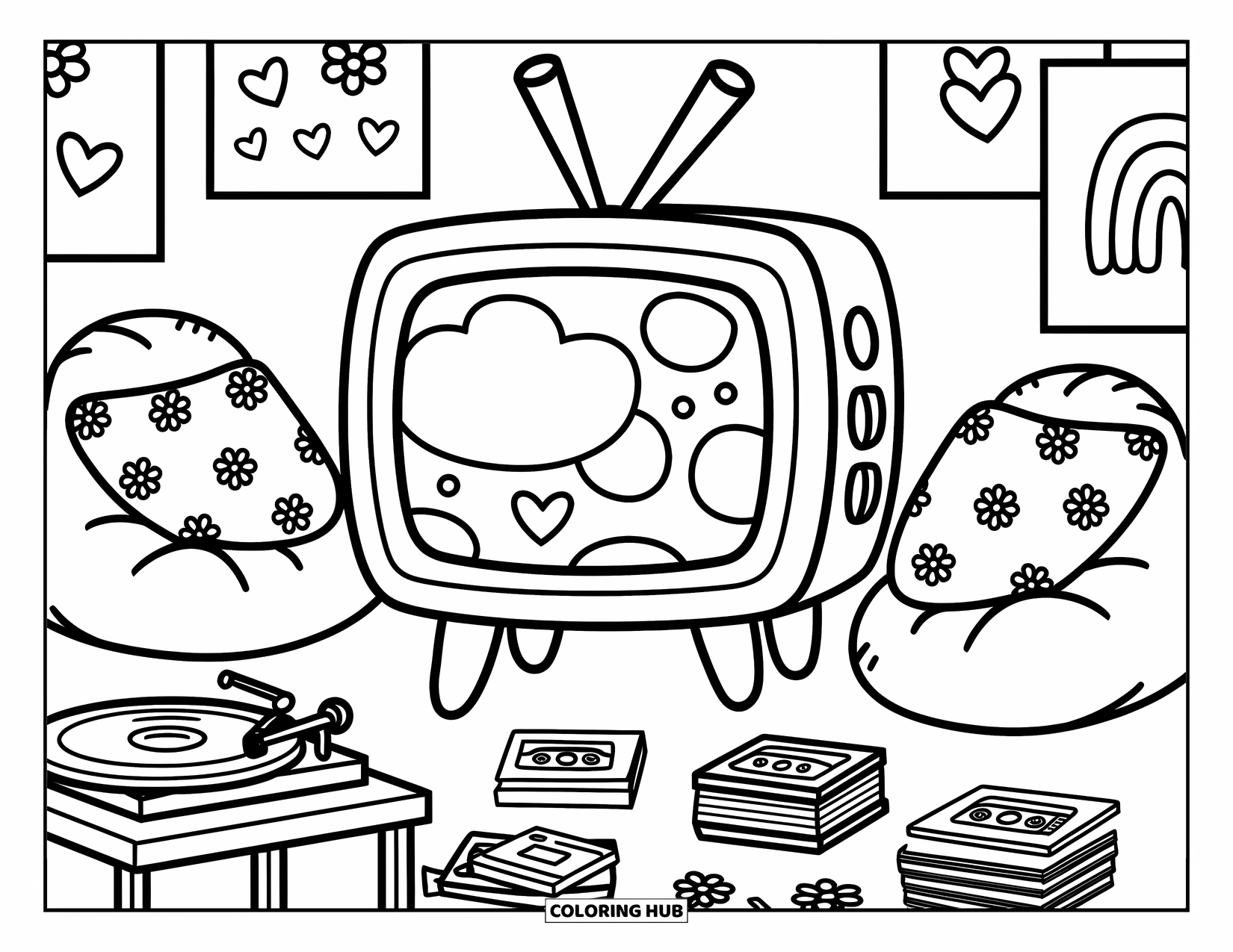 Groovy Coloring Page for Adults: Chunky TV playing cartoons in a room full of pillows, tapes, and snacks