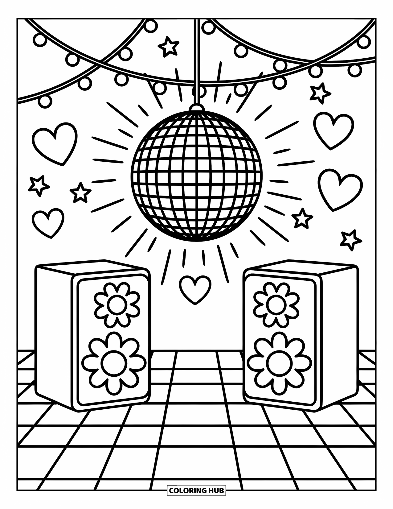 Groovy Coloring Page for Adults: Cozy dance room with string lights, disco flair, and flower-shaped speakers