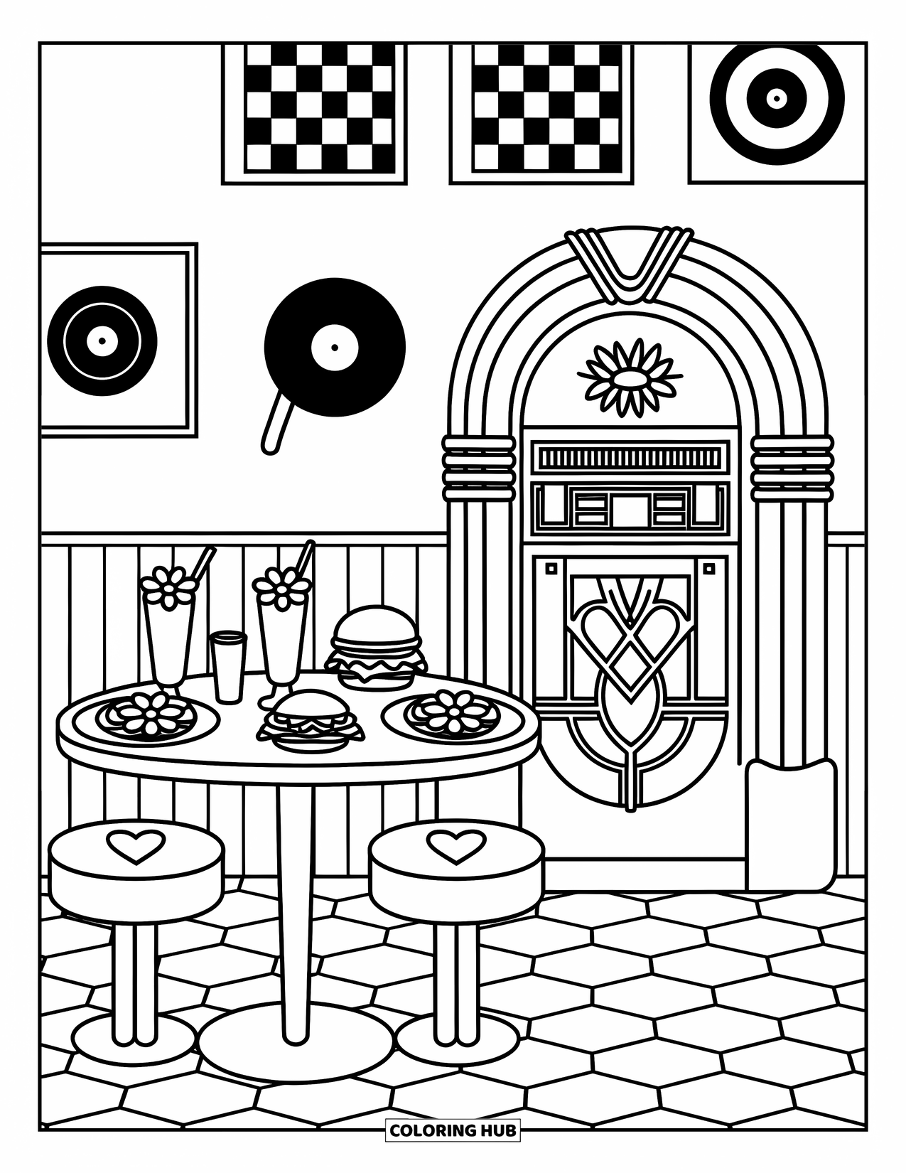 Groovy Coloring Page for Adults: Cozy diner booth with heart stools, jukebox, and burgers on cute plates
