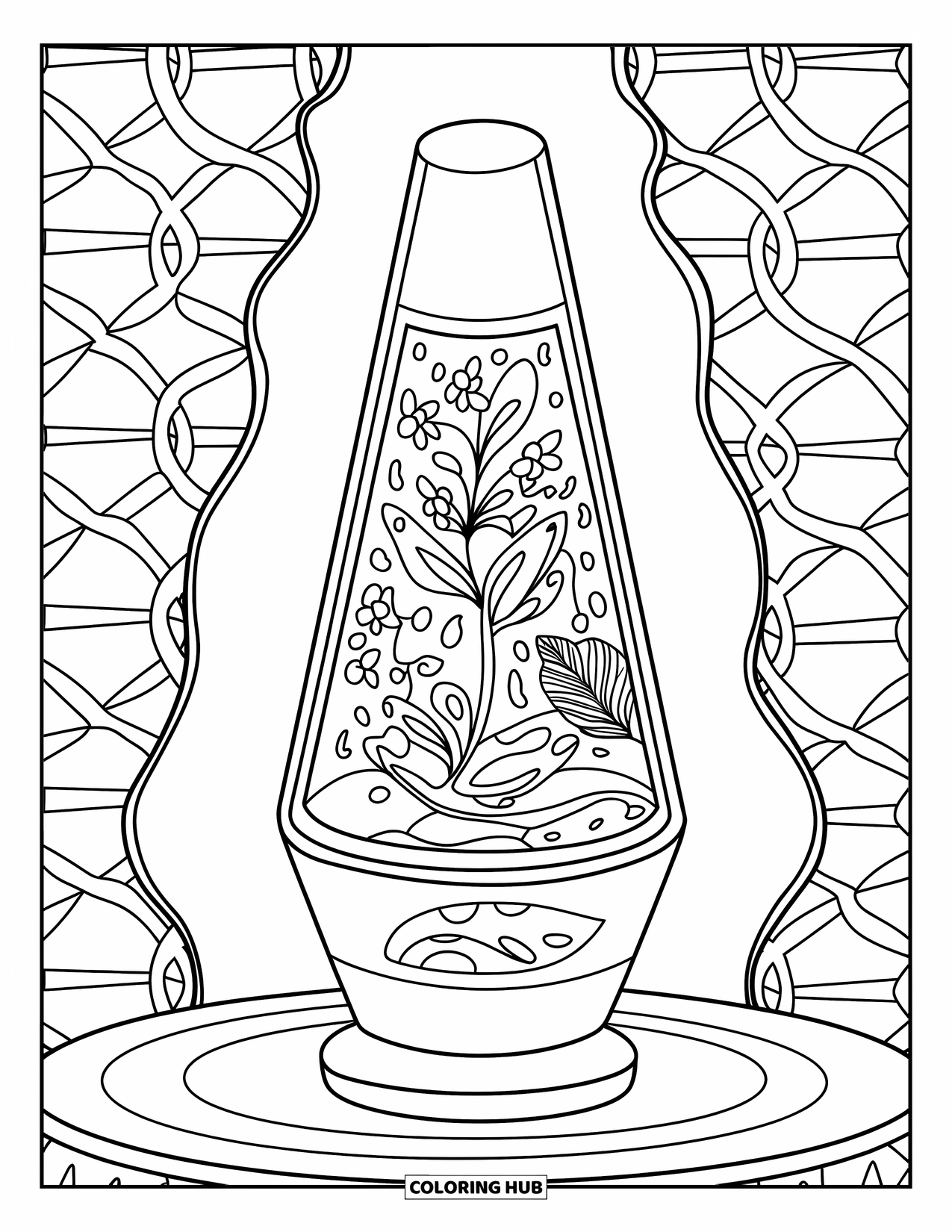 Groovy Coloring Page for Adults: Detailed lava lamp with paisley inside, sitting on a patterned tabletop