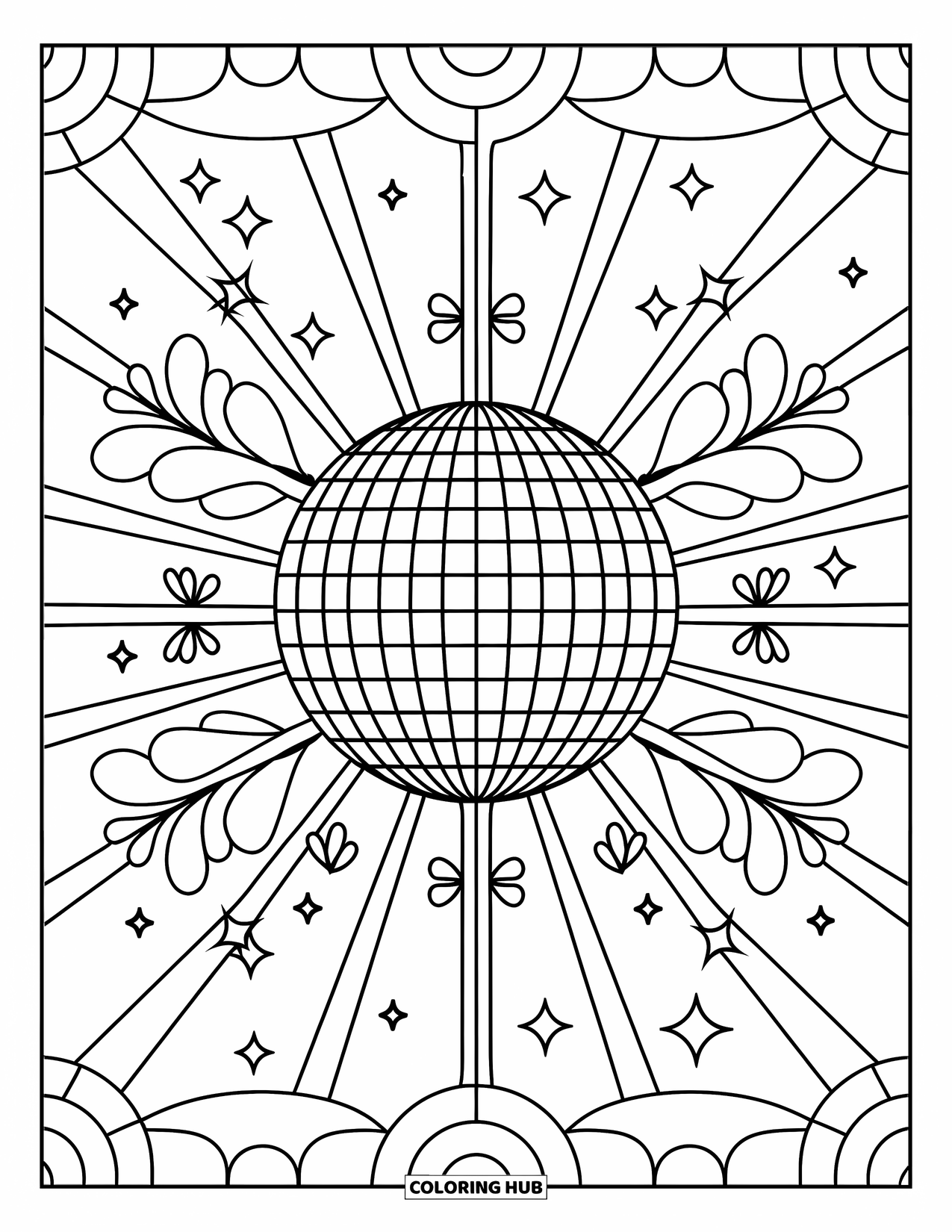 Groovy Coloring Page for Adults: Disco ball surrounded by hearts, stars, and florals in a retro-style page