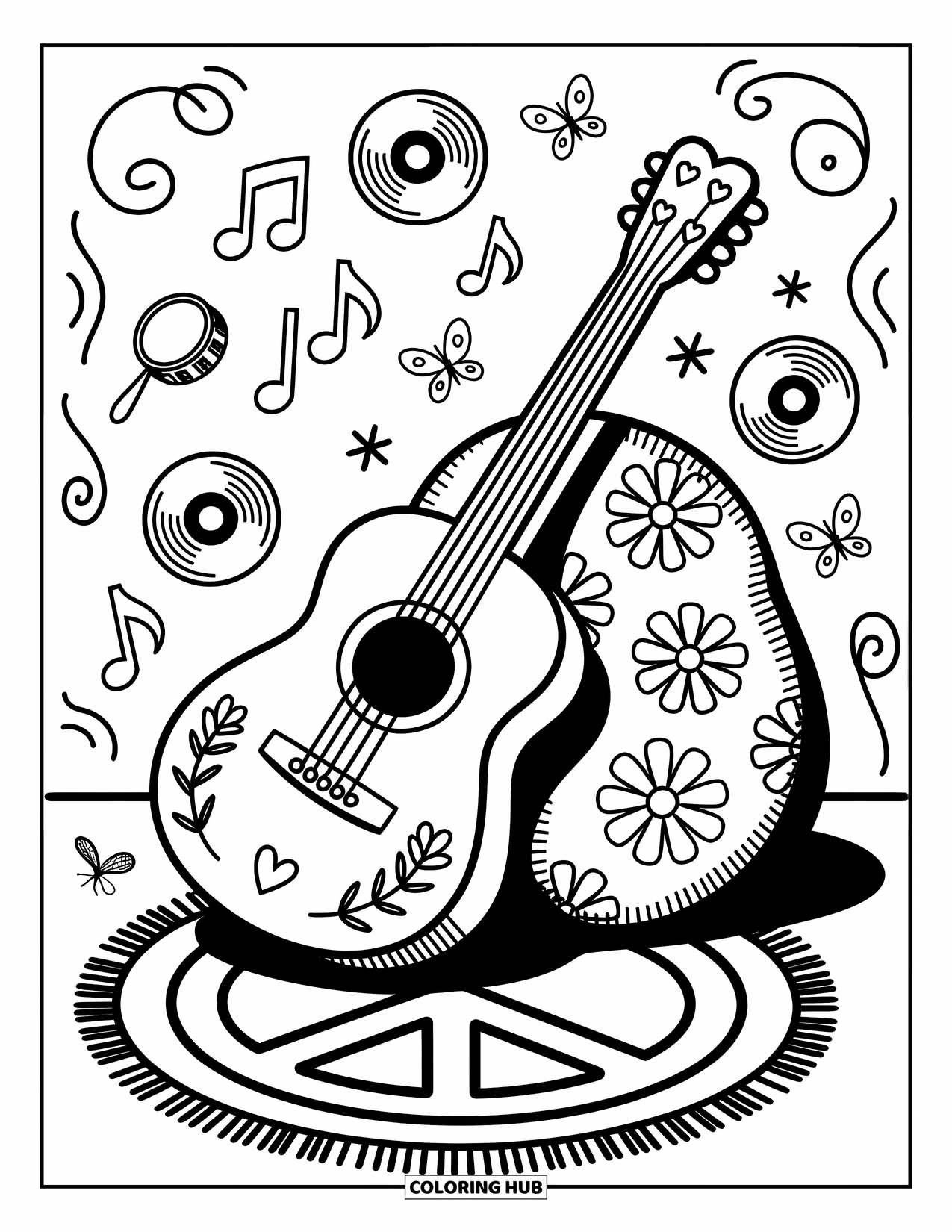 Groovy Coloring Page for Adults: Floral guitar resting on a bean bag with floating notes and butterflies