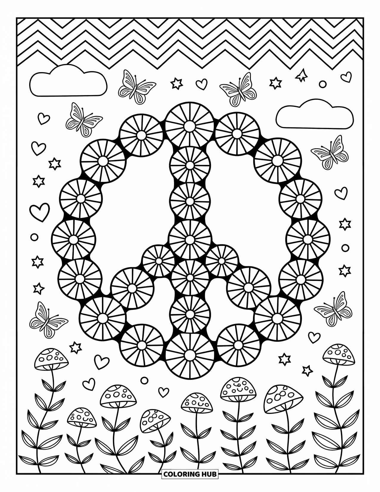Groovy Coloring Page for Adults: Floral peace symbol surrounded by clouds, zigzags, and mini mushrooms