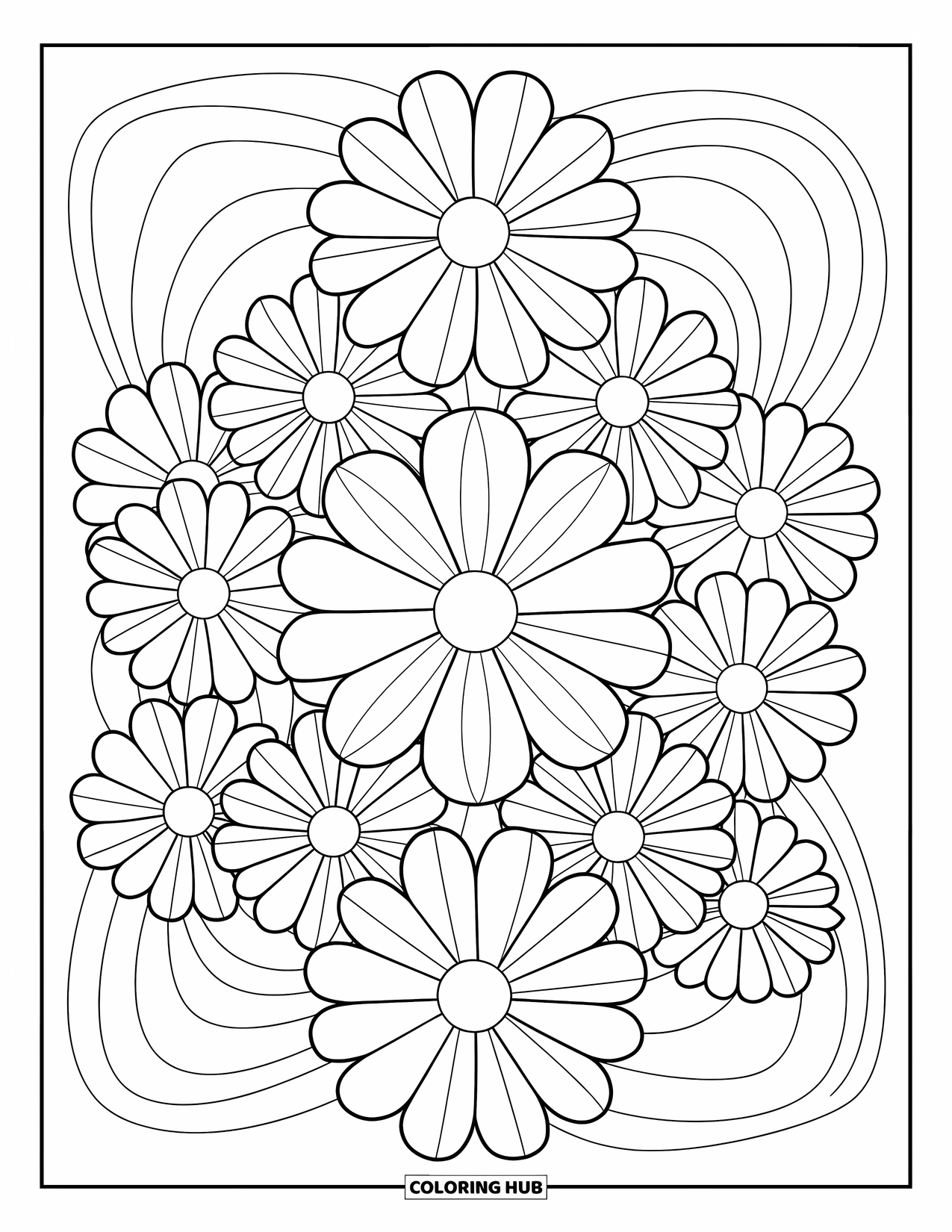 Groovy Coloring Page for Adults: Full-page daisy arrangement in bold, overlapping flower power layout