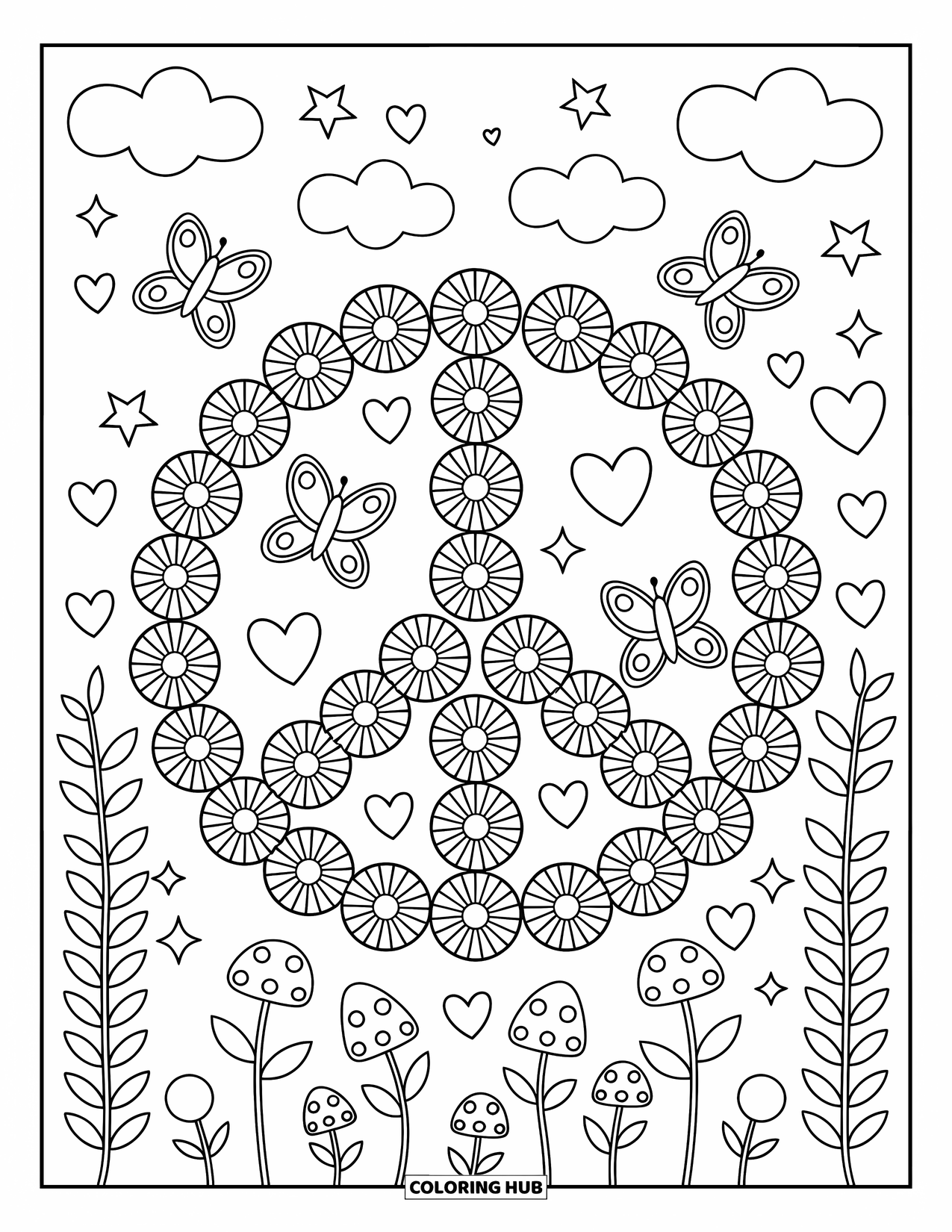 Groovy Coloring Page for Adults: Giant peace sign made of flowers with stars, butterflies, and swirls