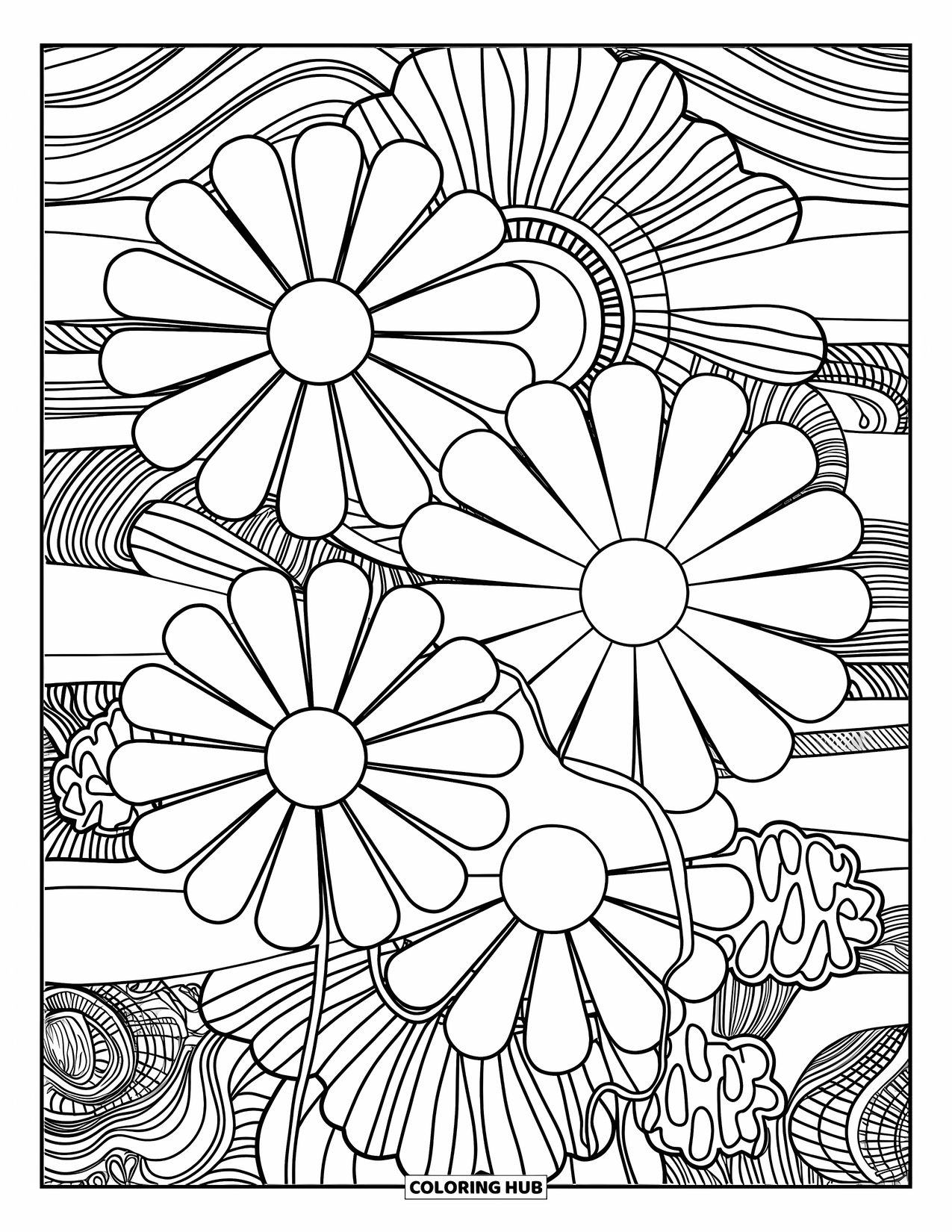 Groovy Coloring Page for Adults: Groovy daisy layout with intricate background patterns and retro styling