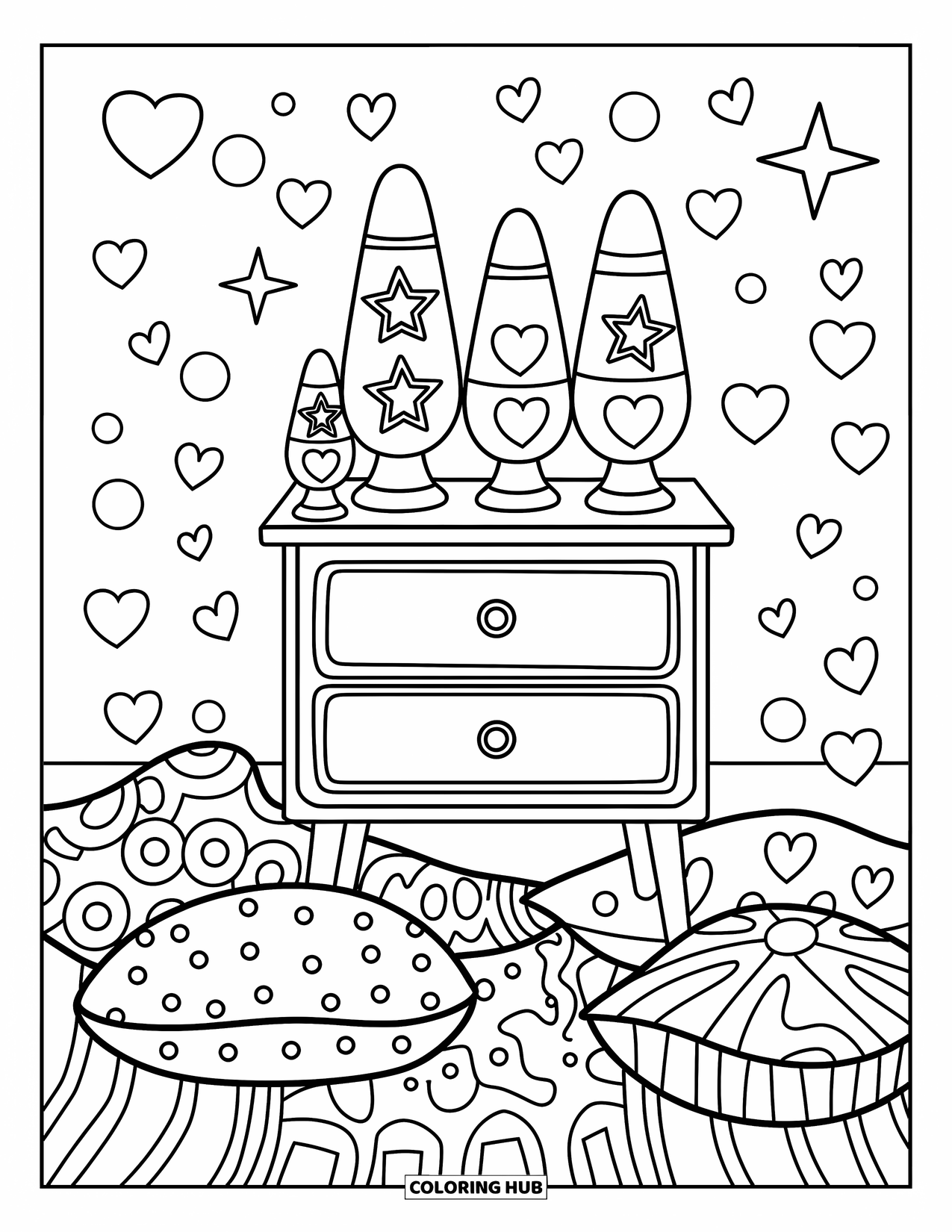 Groovy Coloring Page for Adults: Groovy lamps and floating hearts in a chill, dreamy retro space