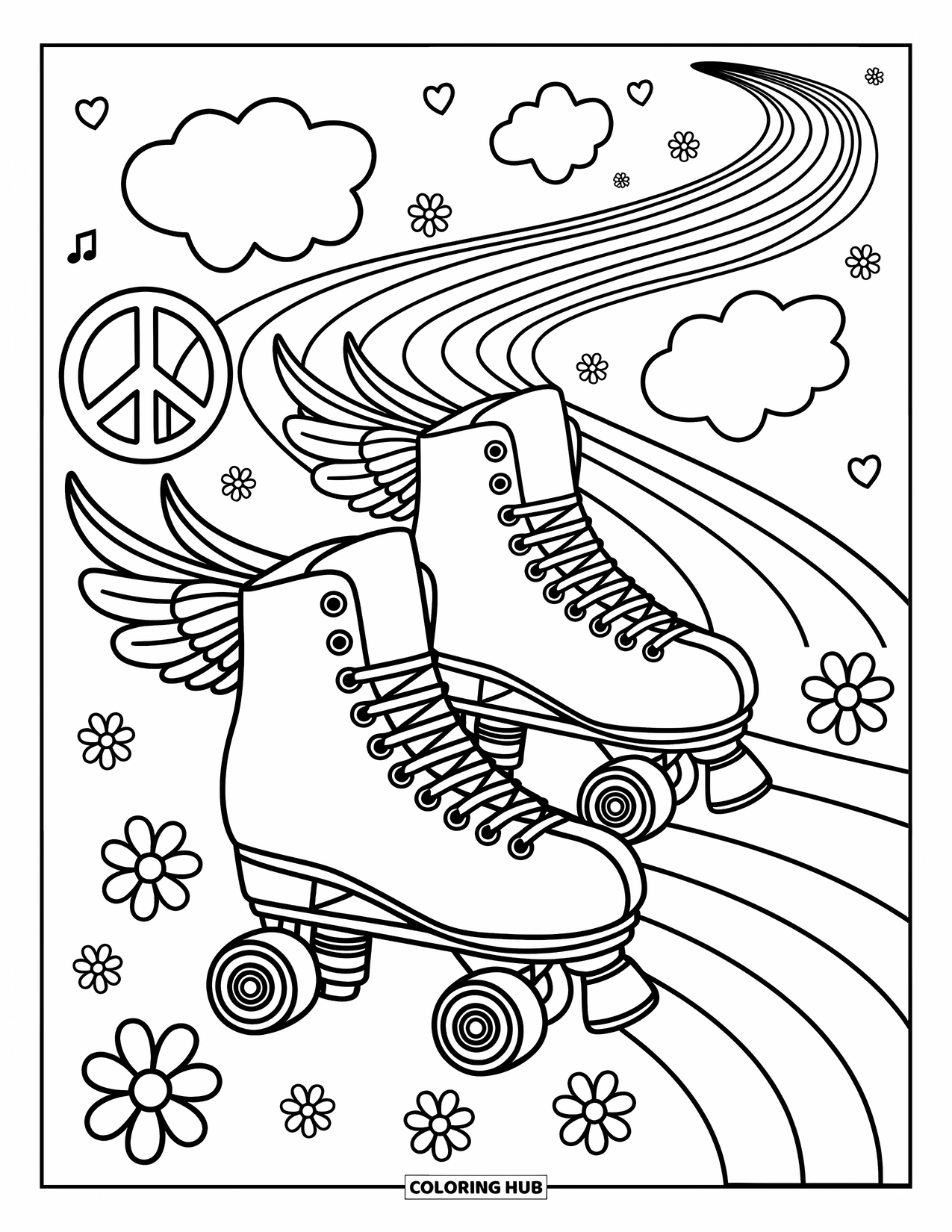 Groovy Coloring Page for Adults: Groovy skates racing on a rainbow lined with music, hearts, and peace signs