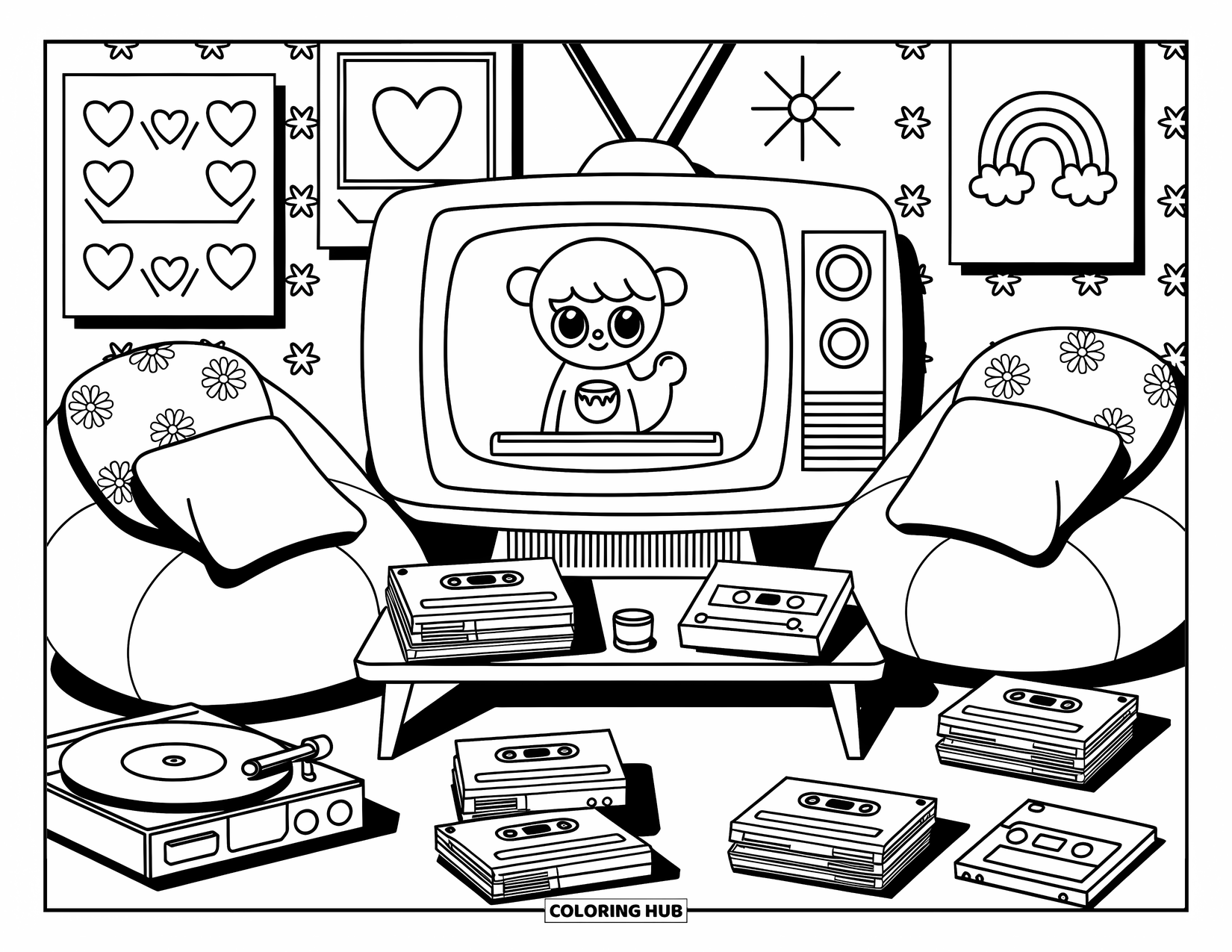 Groovy Coloring Page for Adults: Groovy TV room with milkshakes, a record player, and heart posters