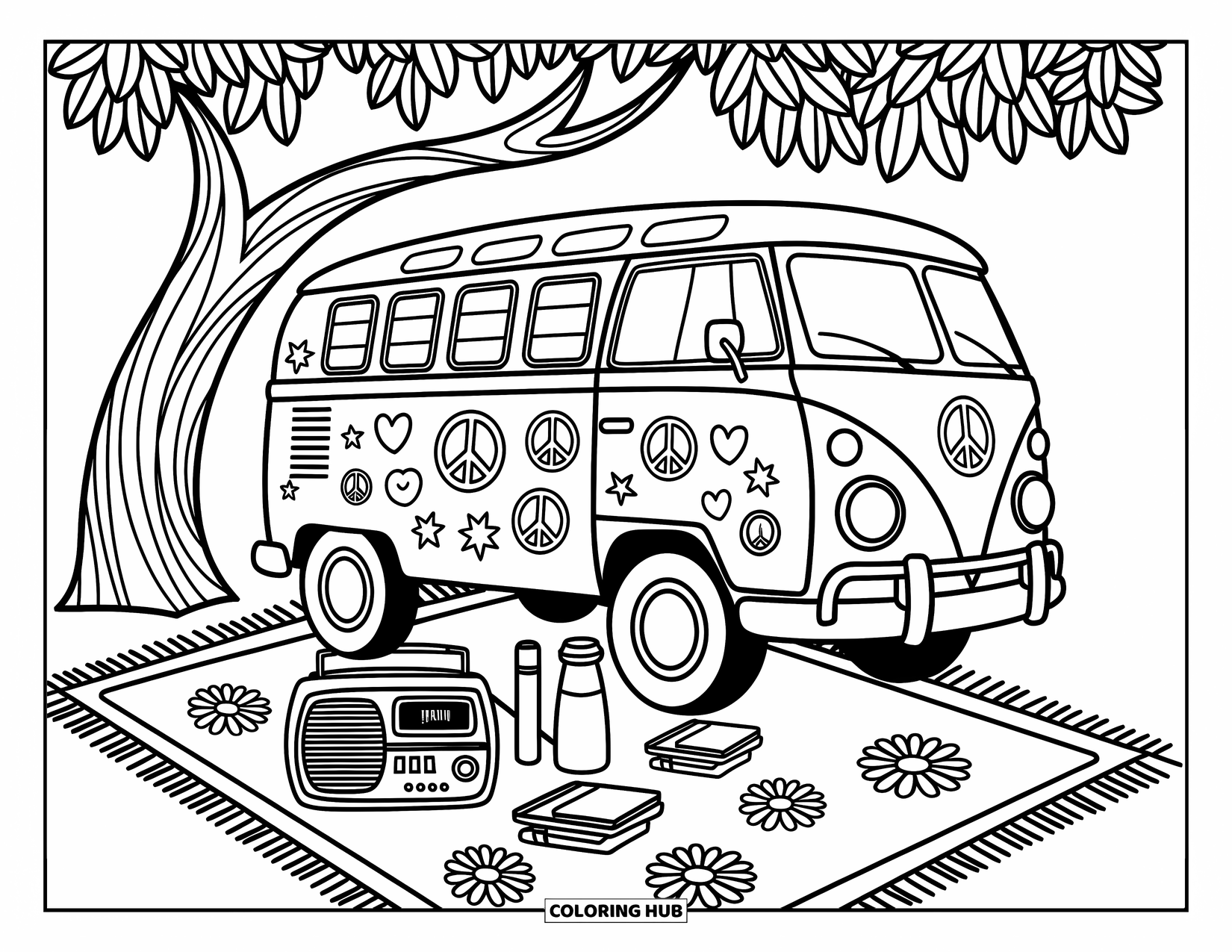 Groovy Coloring Page for Adults: Groovy van and picnic scene with a checkered rug, sandwiches, and a vintage radio