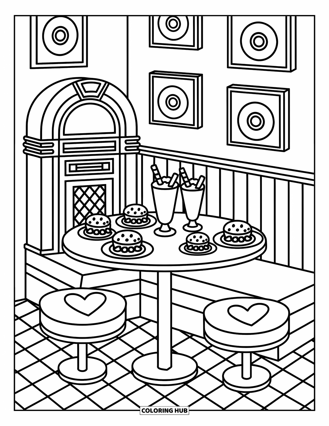 Groovy Coloring Page for Adults: Hand-drawn diner with hearts, milkshakes, and a groovy booth setup