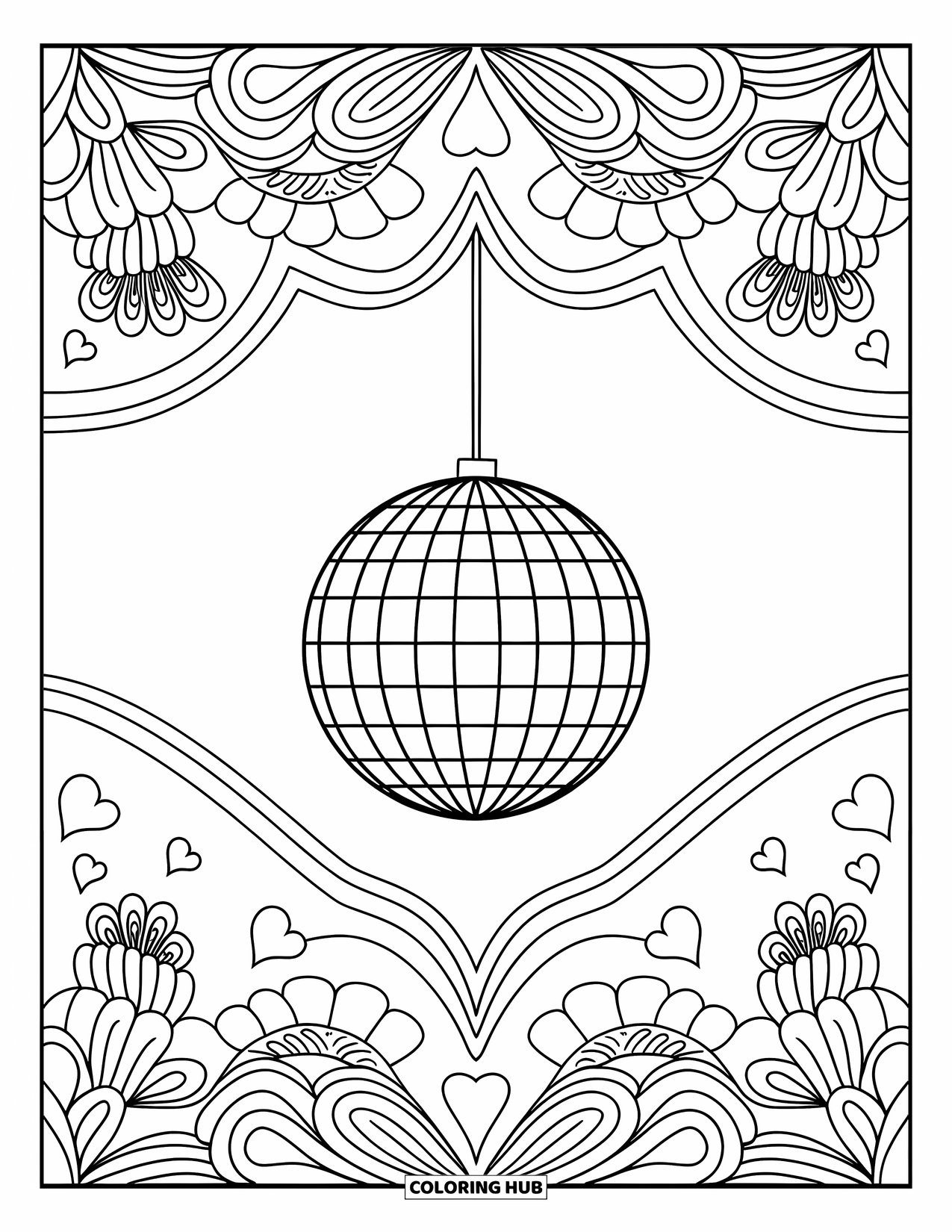 Groovy Coloring Page for Adults: Hanging disco ball with beams and retro florals on a clean white background