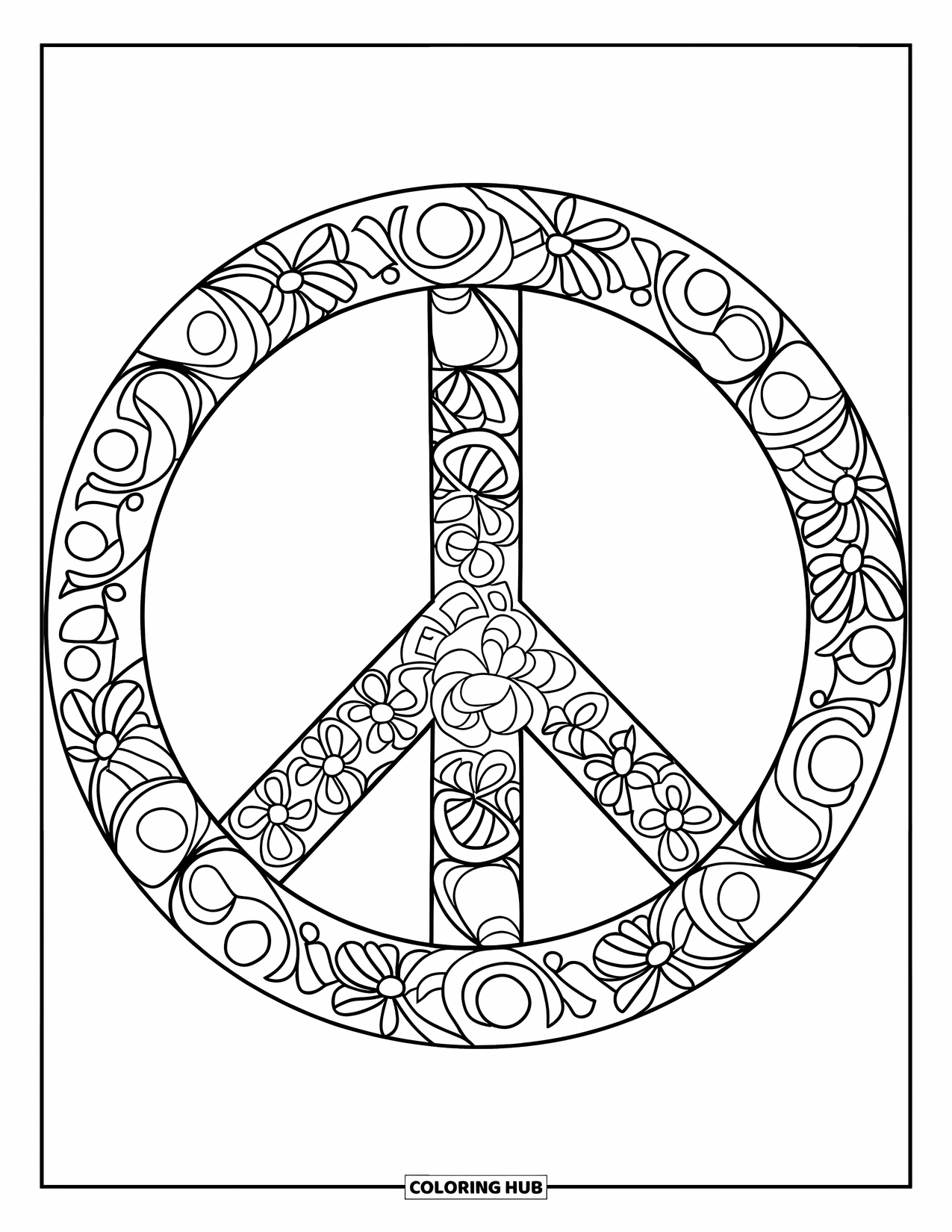 Groovy Coloring Page for Adults: Intricate peace sign mandala with layered circular swirls and triangle details