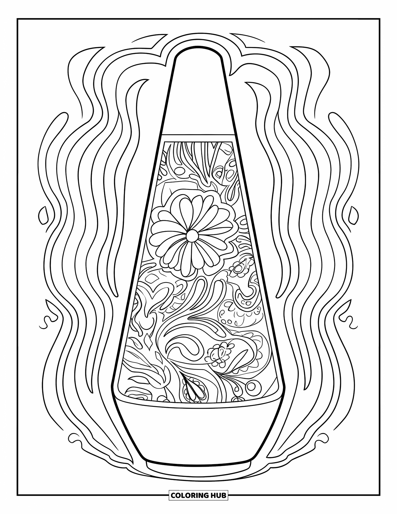Groovy Coloring Page for Adults: Lava lamp with paisley floral pattern and groovy wavy borders