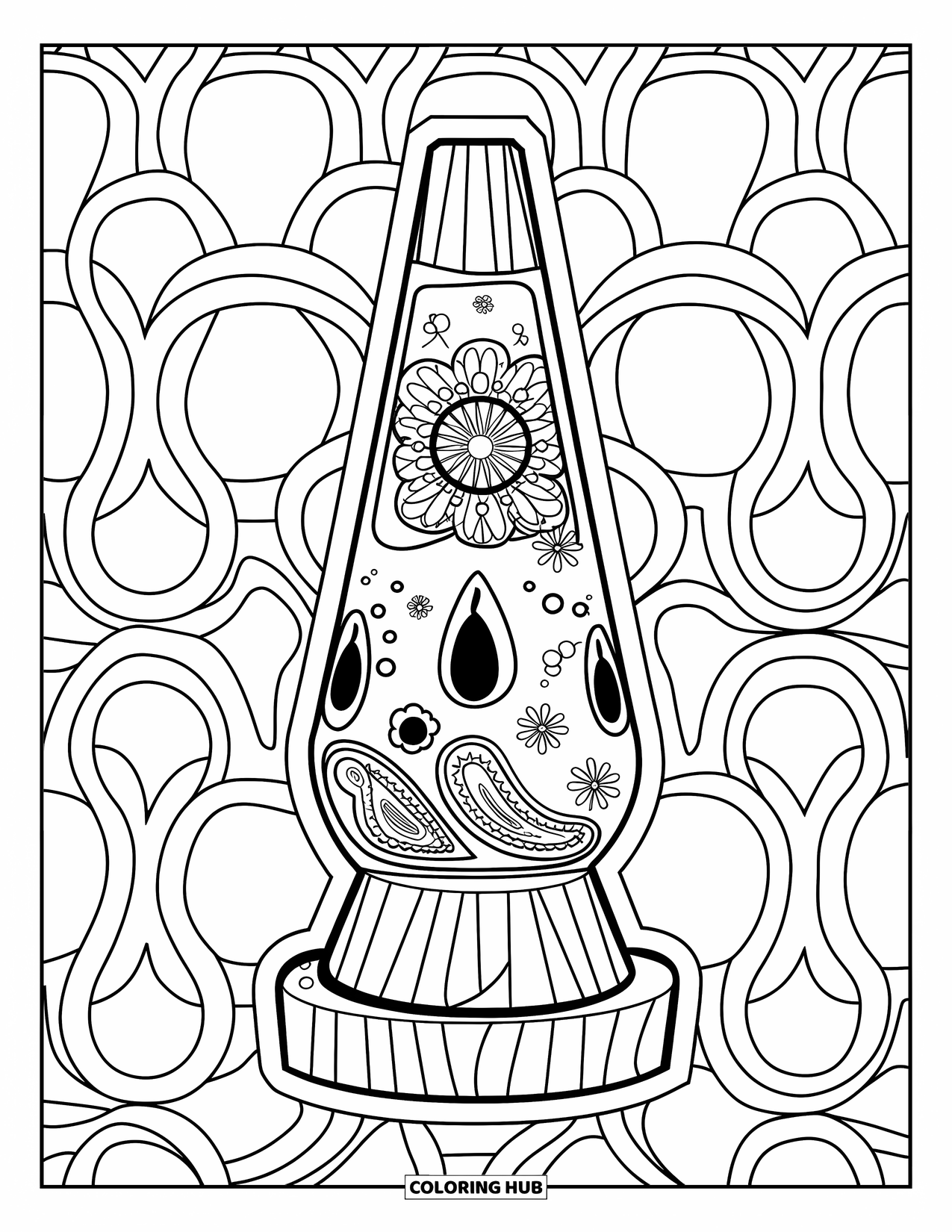 Groovy Coloring Page for Adults: Lava lamp with swirling patterns, florals, and a round wooden base