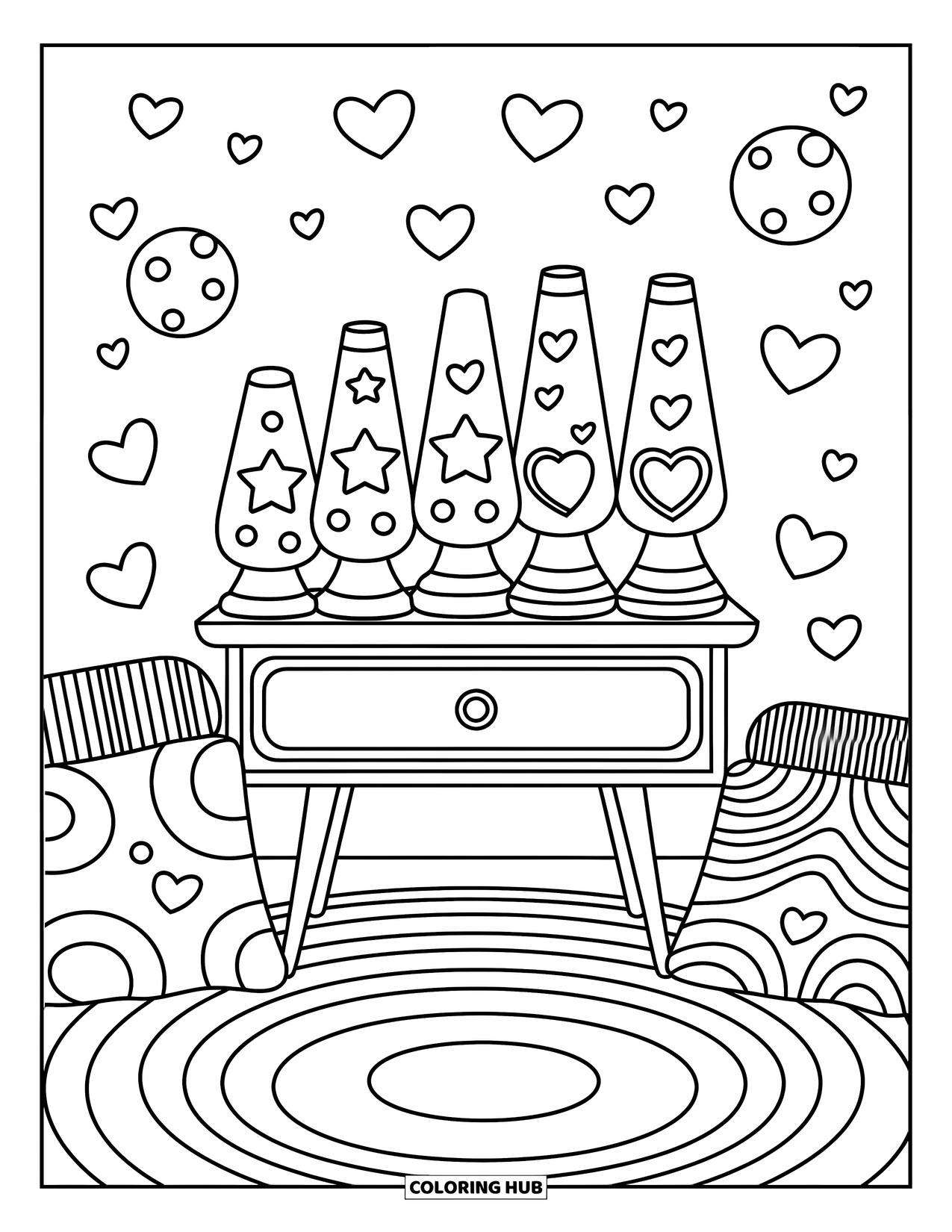 Groovy Coloring Page for Adults: Lava lamps, heart pillows, and record music in a bubbly retro room