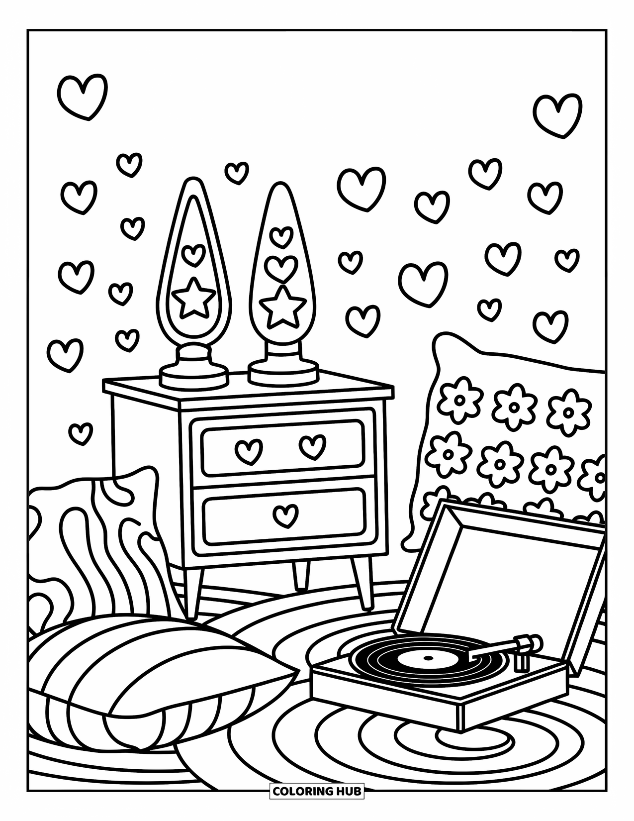 Groovy Coloring Page for Adults: Lava lamps on a retro table with bubbly hearts floating in the room