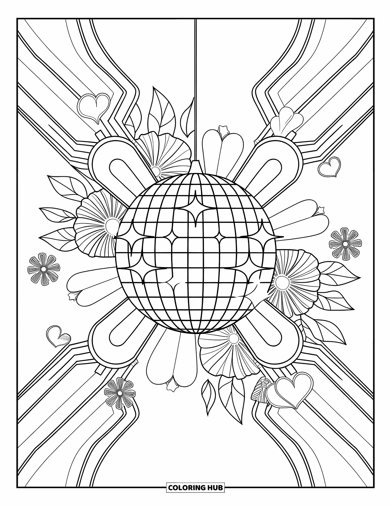 Groovy Coloring Page for Adults: Line art disco ball with stars, beams, and heart-shaped accents