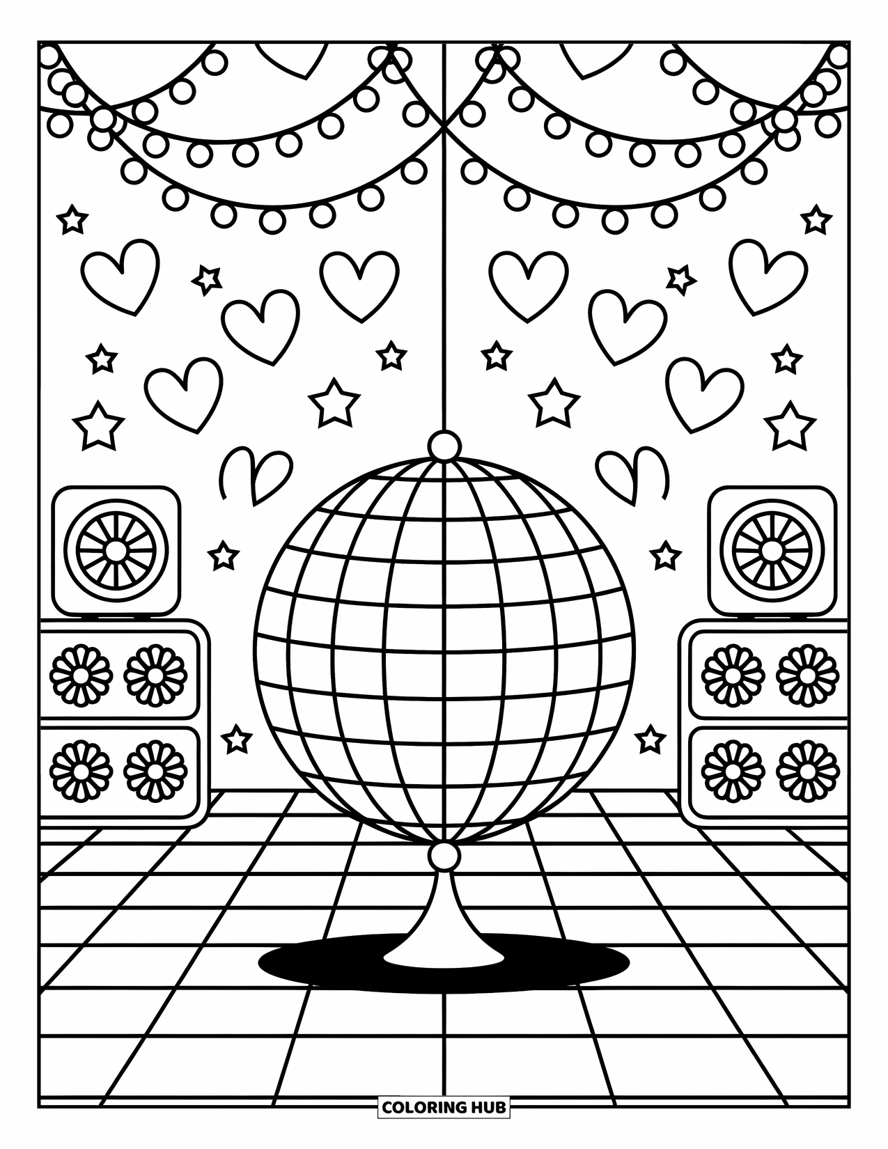 Groovy Coloring Page for Adults: Retro party space with disco light patterns, music, and cute decorations