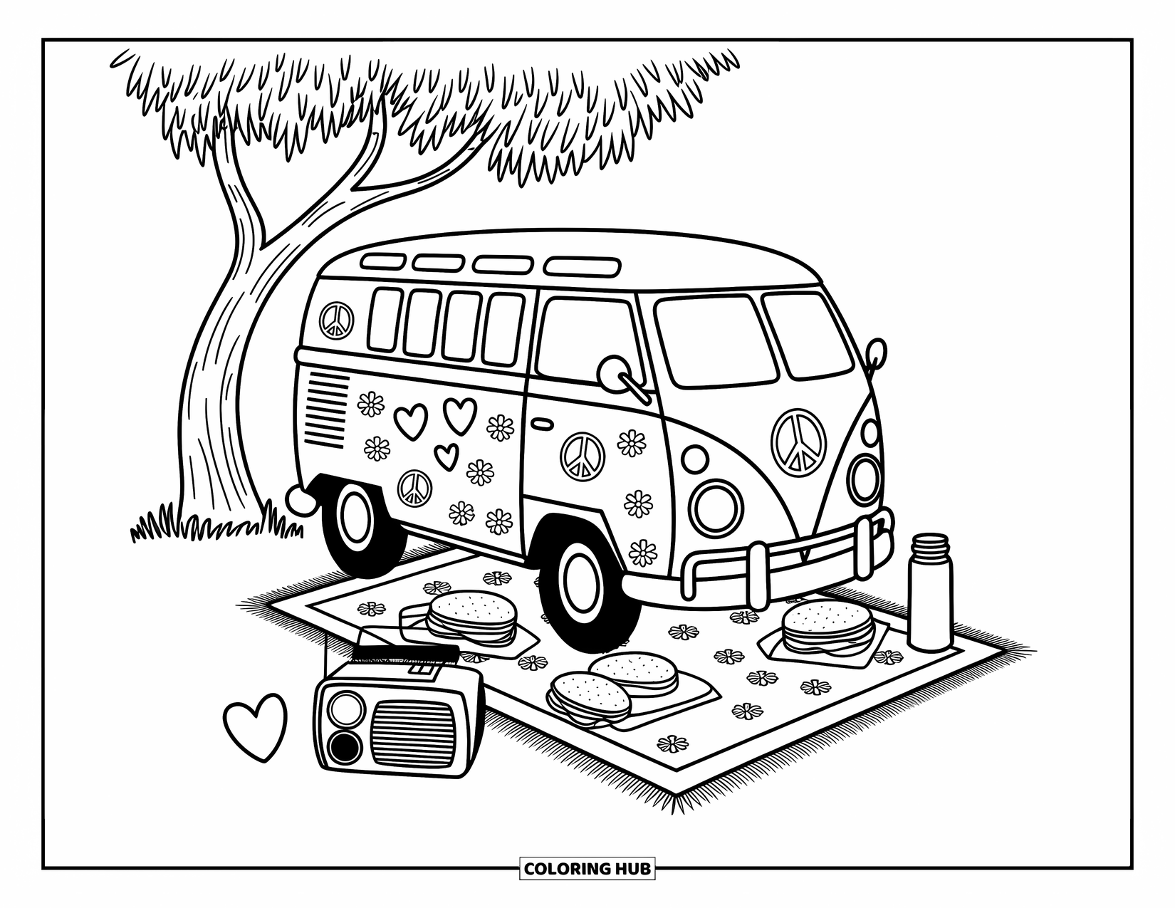Groovy Coloring Page for Adults: Retro van surrounded by daisies and cute picnic treats
