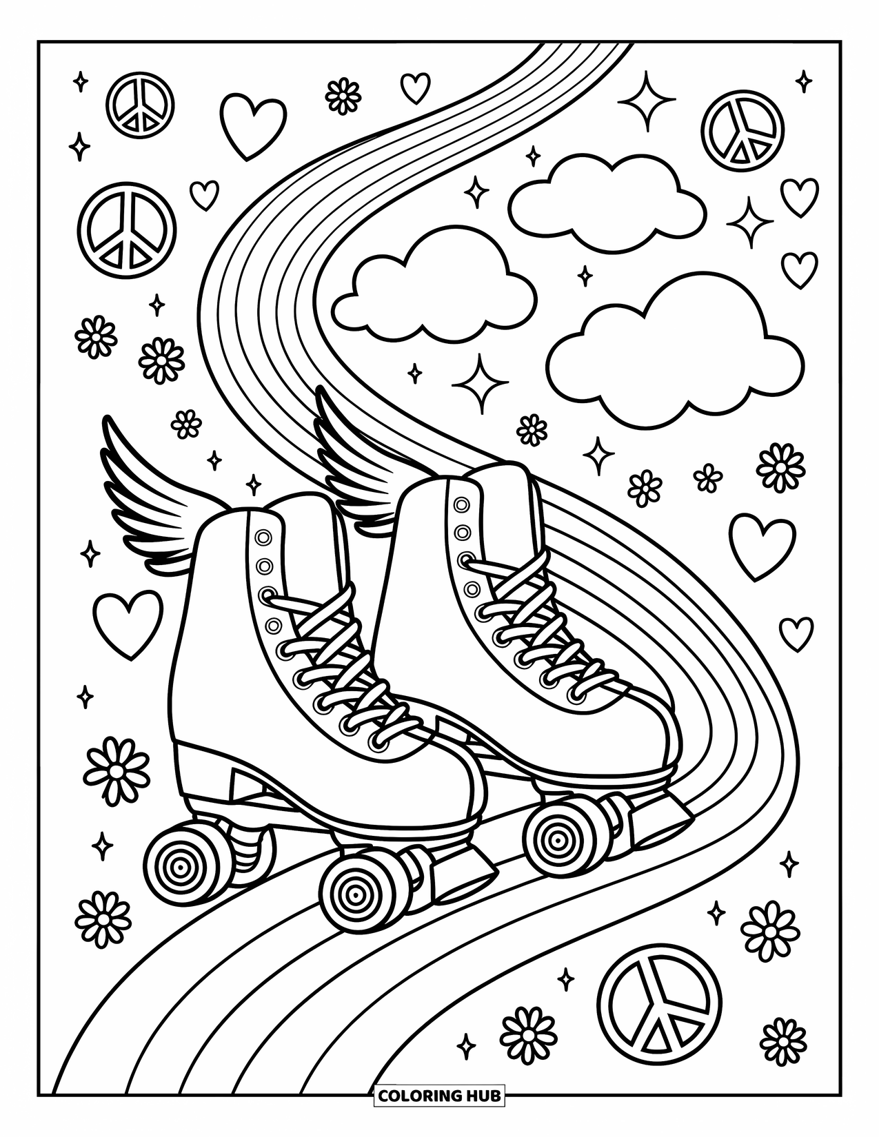 Groovy Coloring Page for Adults: Roller skates on a winding trail through clouds, flowers, and sparkles