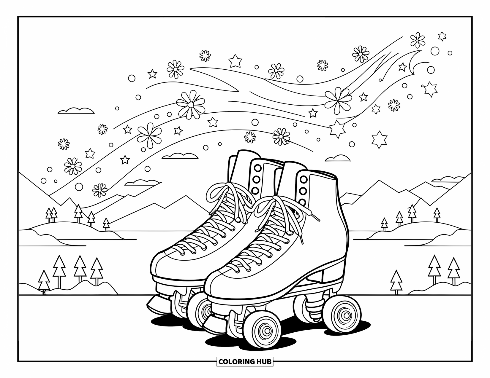 Groovy Coloring Page for Adults: Roller skates with trails of florals and stars in a peaceful landscape setting