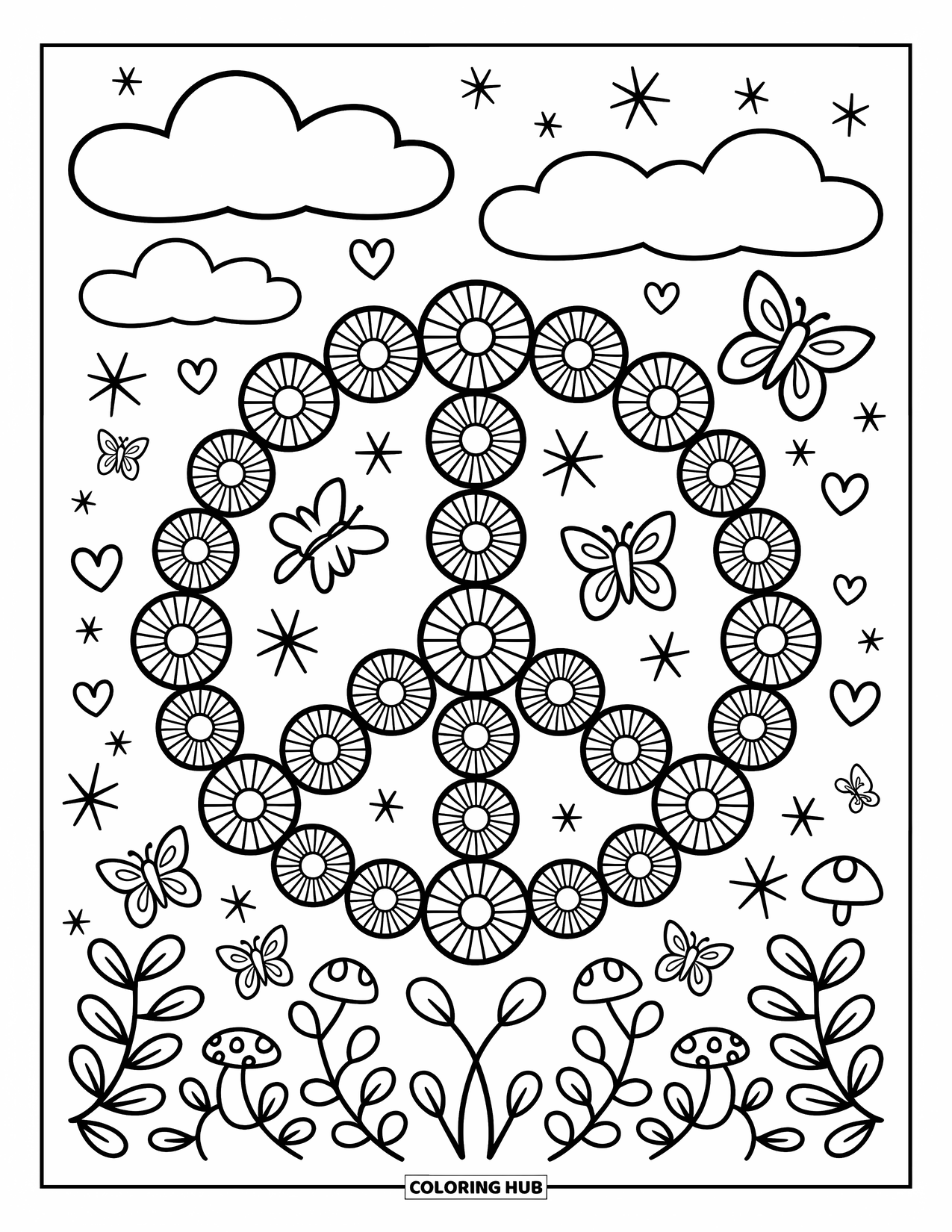 Groovy Coloring Page for Adults: Whimsical peace sign with hearts, mushrooms, and fluttery butterflies