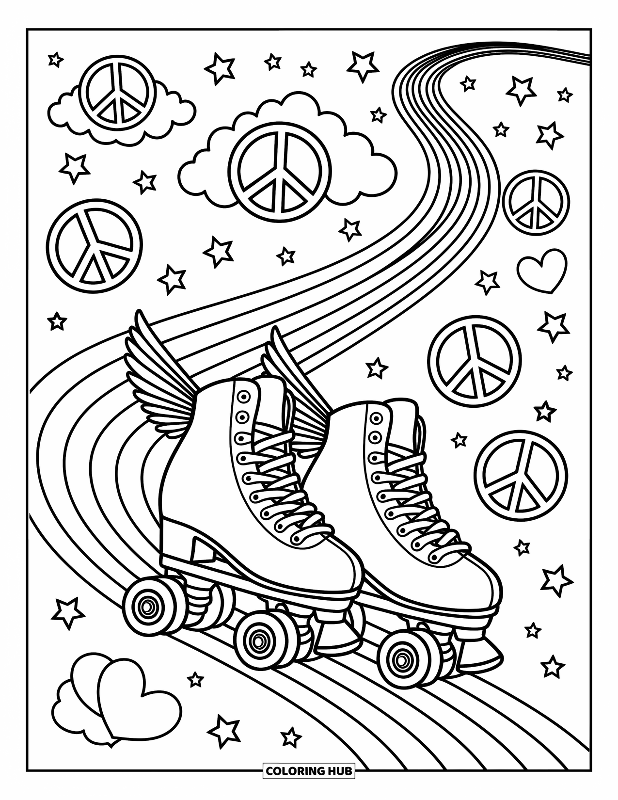 Groovy Coloring Page for Adults: Winged roller skates zooming on a rainbow path with stars and swirls