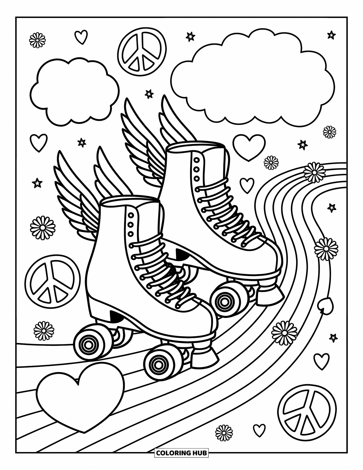 Groovy Coloring Page for Adults: Winged skates and music notes on a swirly, retro-inspired rainbow road